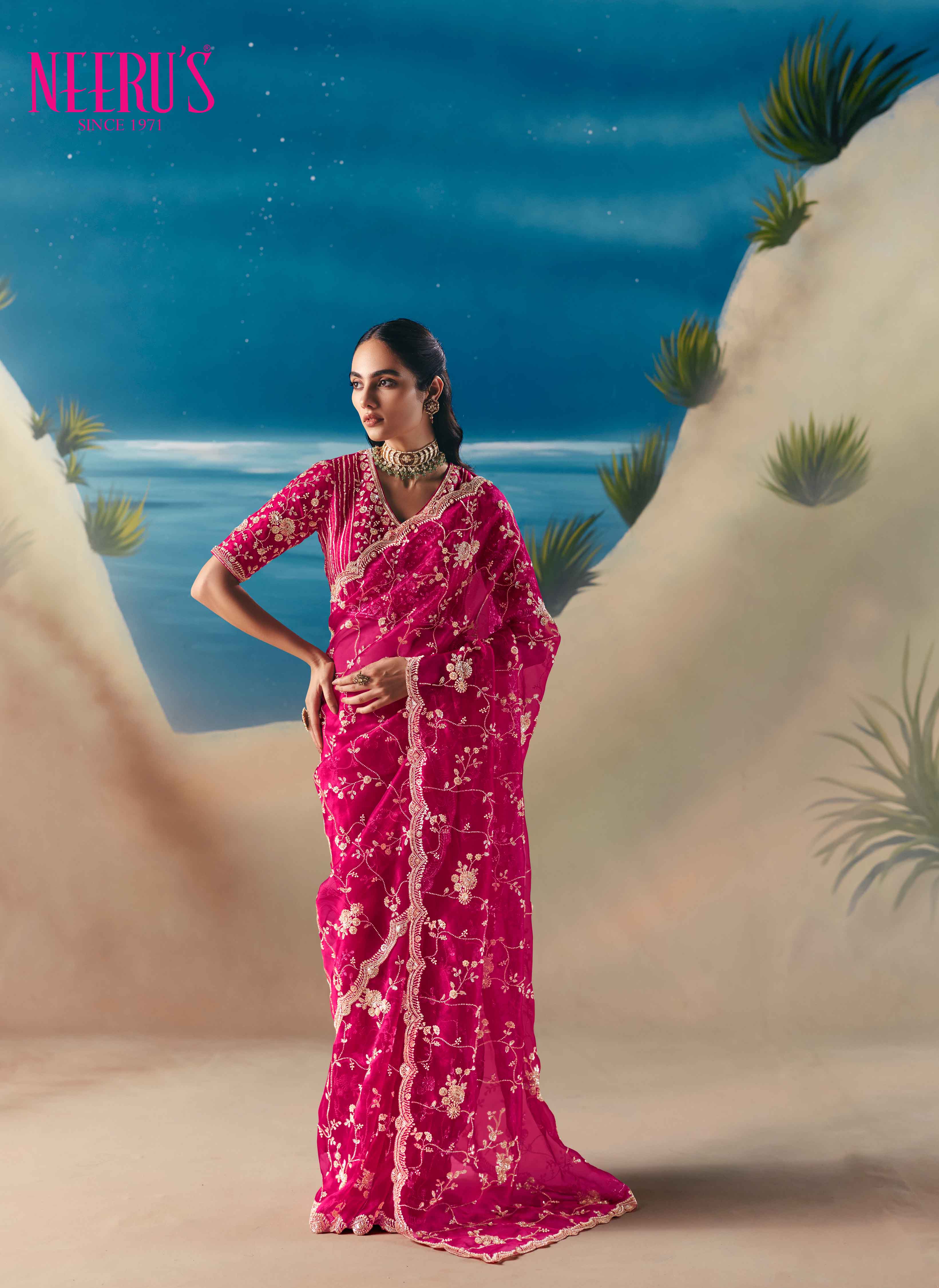 Rani Pink Tissue Saree With Heavy Sequins And Hand Embroidery Work