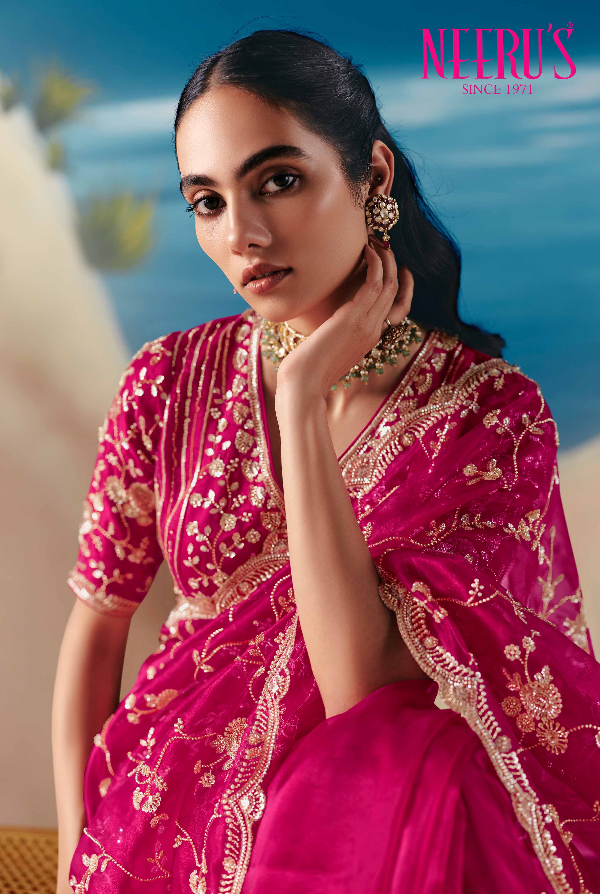 Rani Pink Tissue Saree With Heavy Sequins And Hand Embroidery Work - Image 2