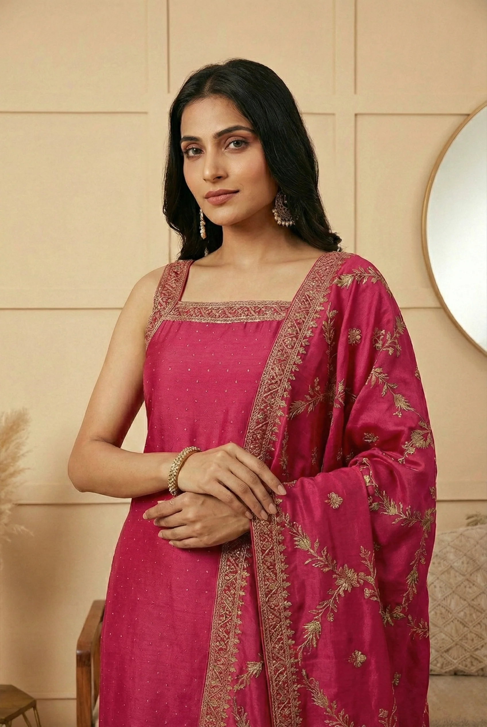Rani Pink Vichitra Silk Embroidery Three Piece Set - Image 2