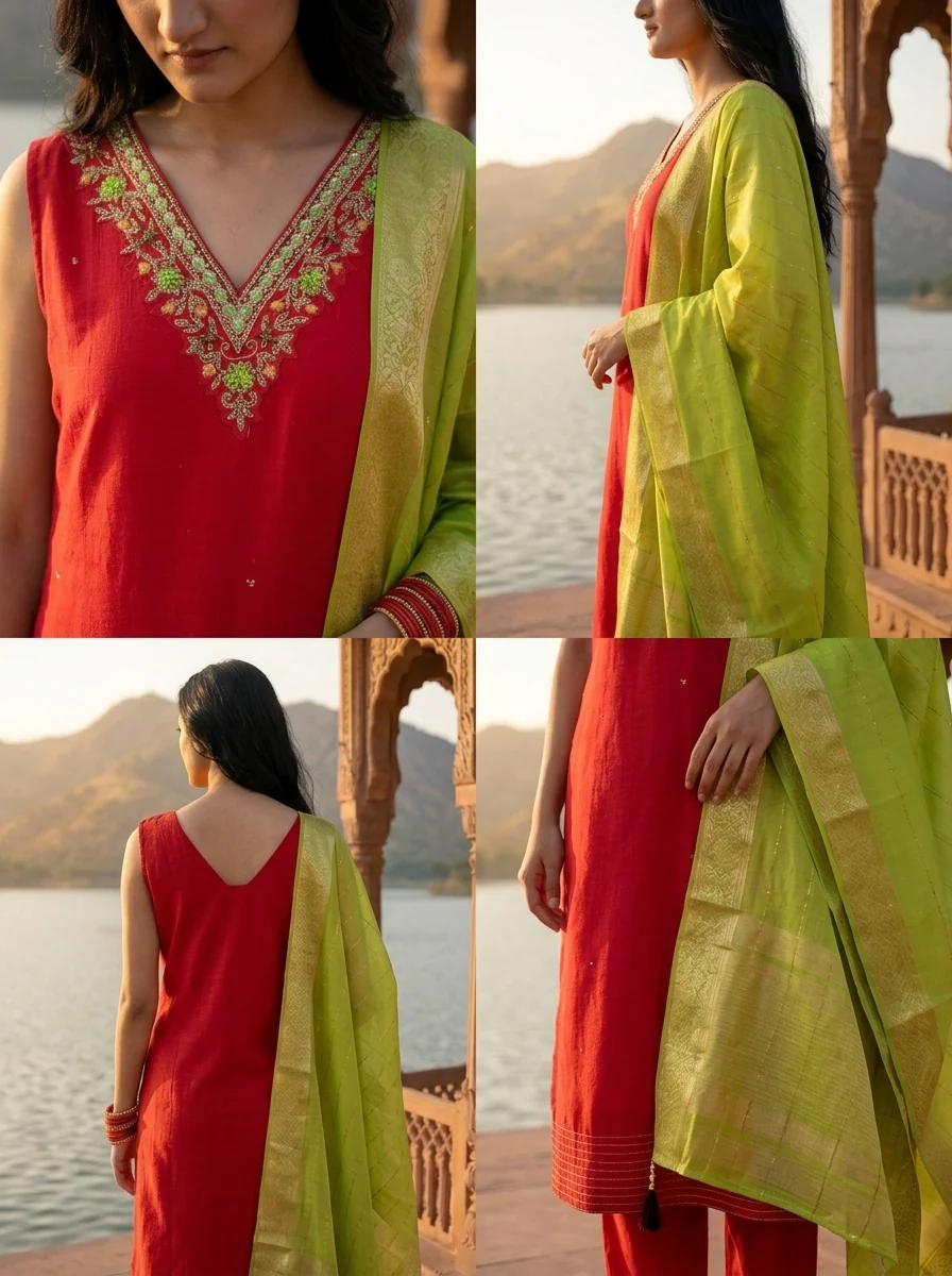 Rani Pink Vichitra Silk Intricate Hand Embroidery Three Piece Set - Image 5