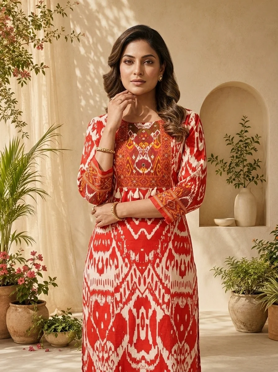 Red And White Ikat Printed And Sequins Embroidery Three Piece Set - Image 4