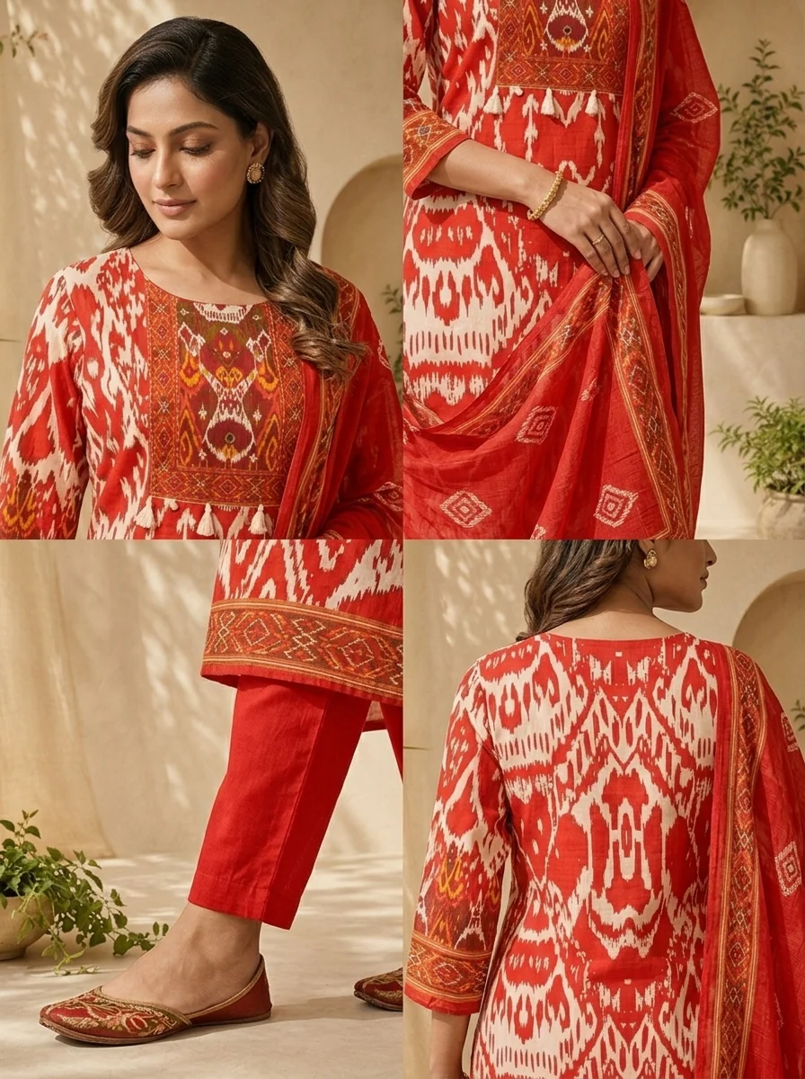 Red And White Ikat Printed And Sequins Embroidery Three Piece Set - Image 5