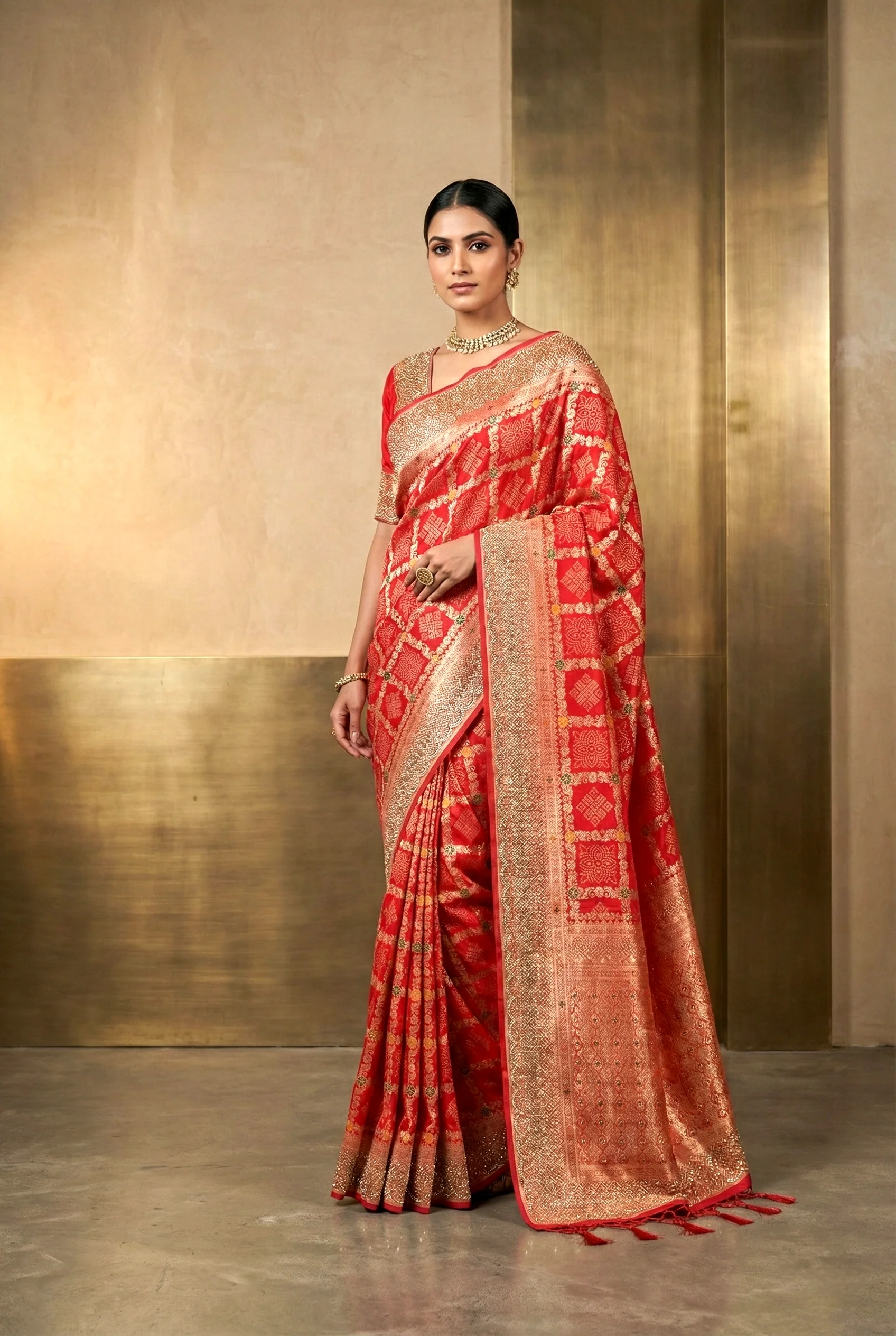 Red Banaras Beads Printed Saree