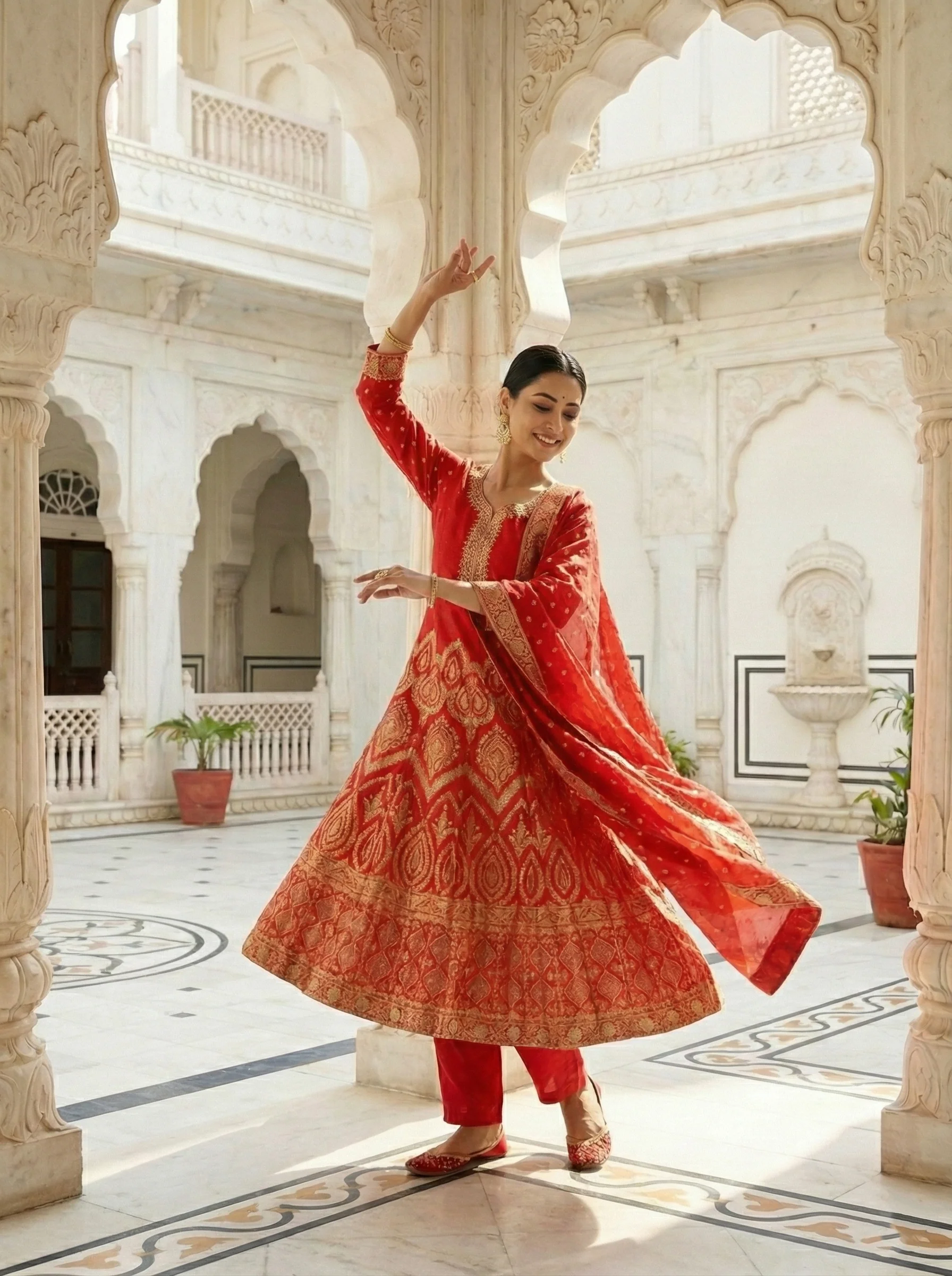 Red Banarasi Digital Printed Three Piece Set - Image 3