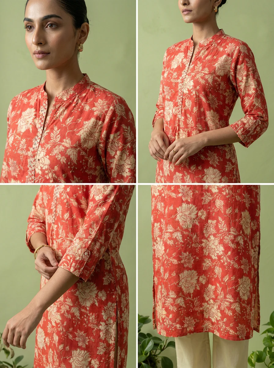 Red Cotton Floral Printed Kurta - Image 5