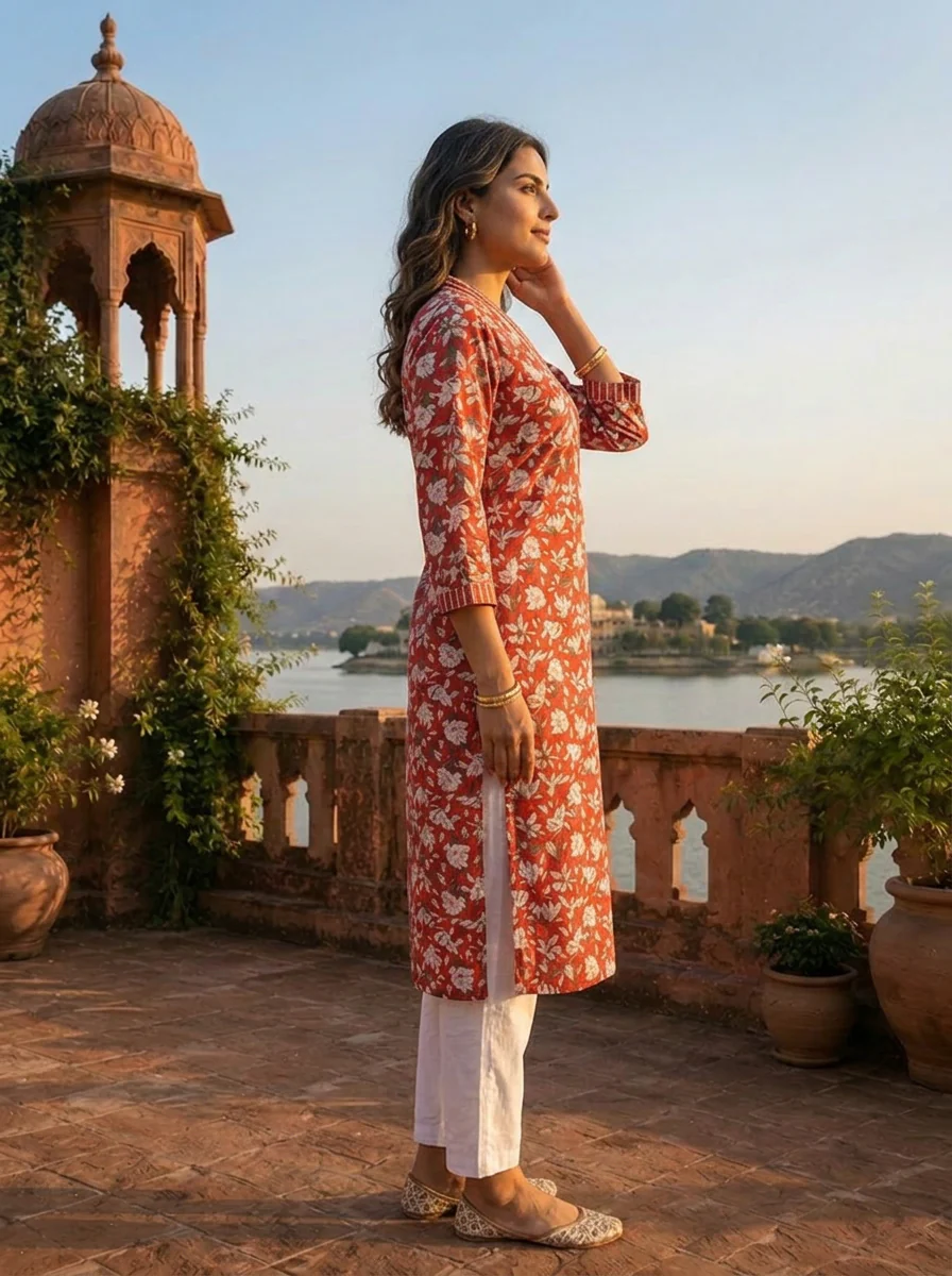 Red Cotton Jaipuri Botanical Printed Kurta - Image 3