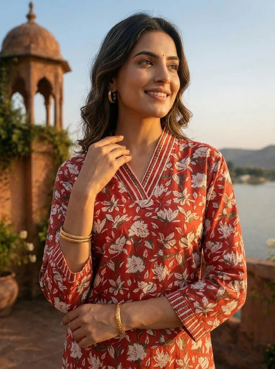 Red Cotton Jaipuri Botanical Printed Kurta - Image 4