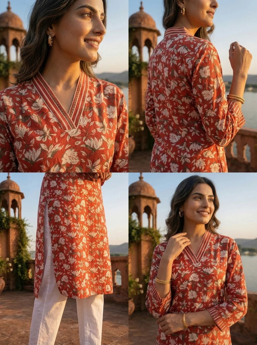 Red Cotton Jaipuri Botanical Printed Kurta - Image 5