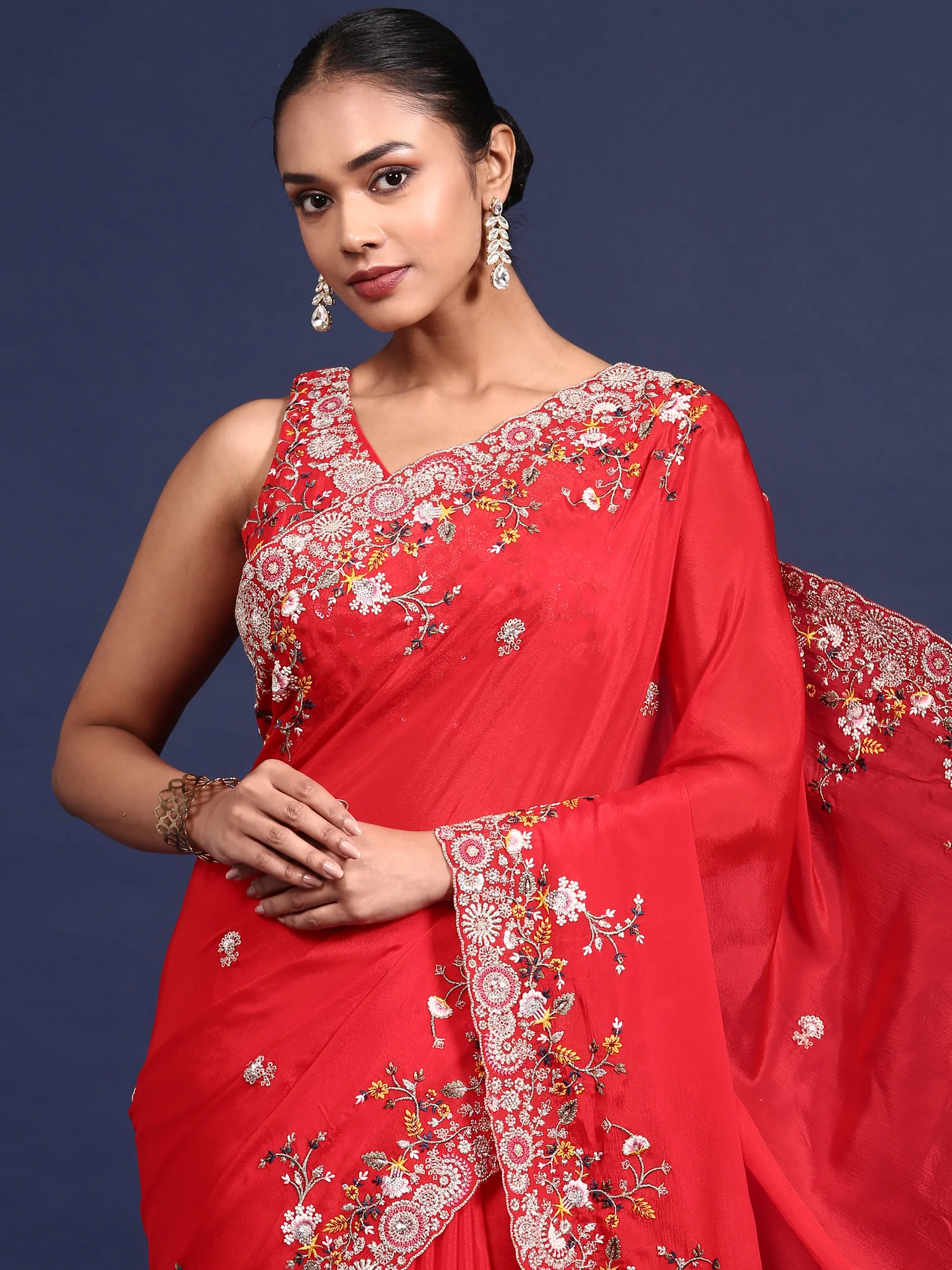 Red Crepe Embroidery Saree With Readymade Blouse - Image 2