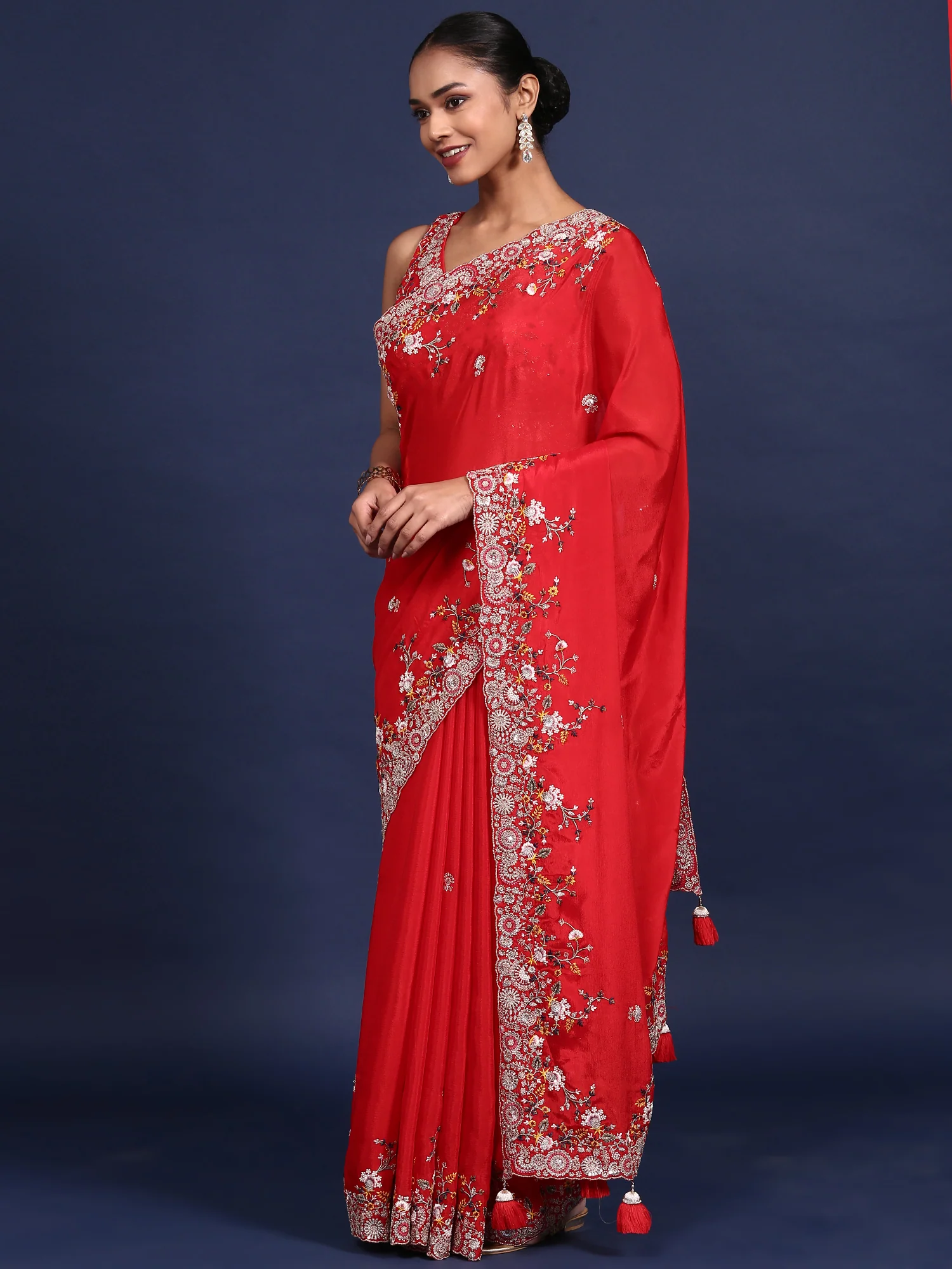 Red Crepe Embroidery Saree With Readymade Blouse - Image 3