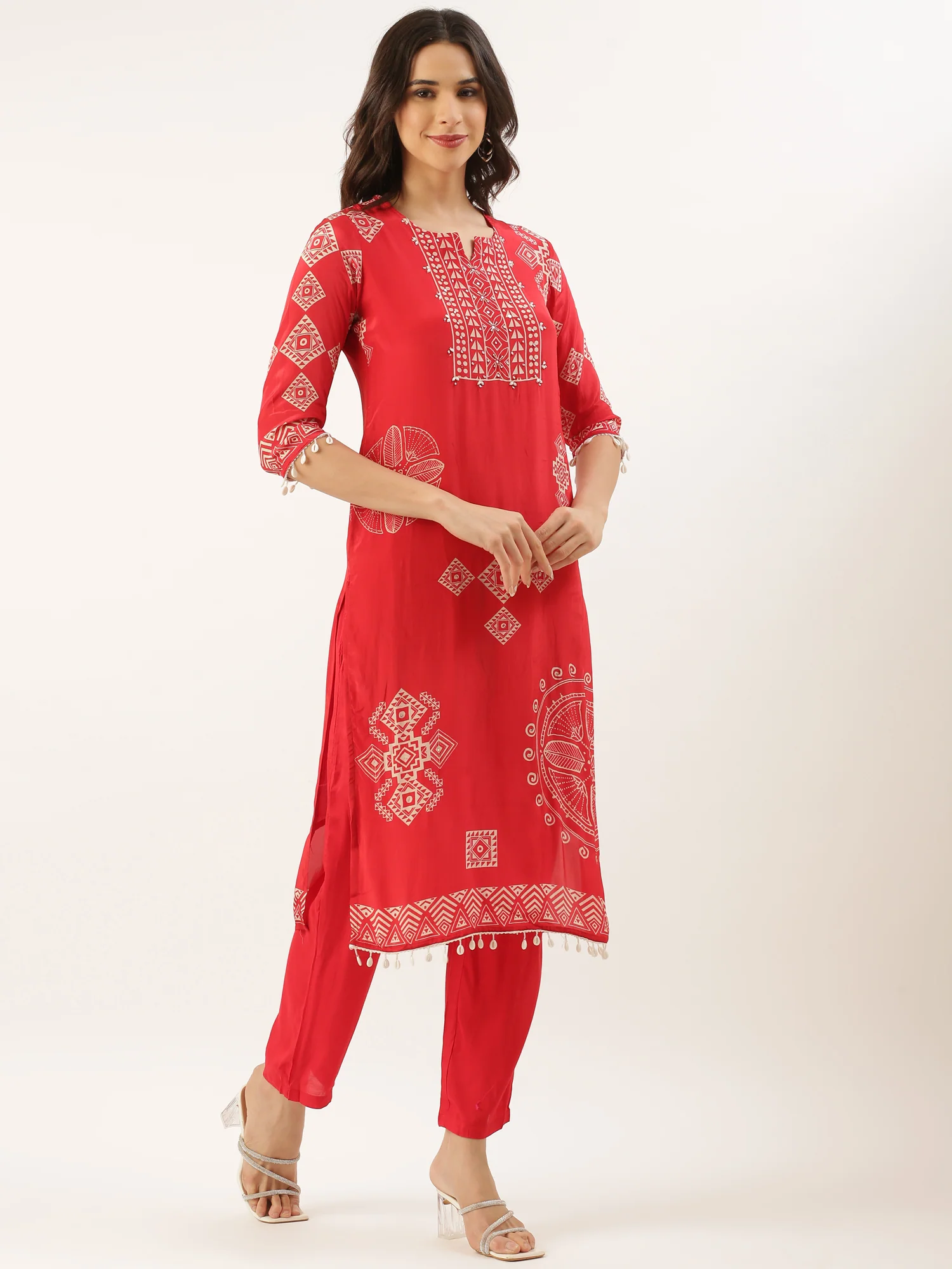 Red Crepe Printed Three Piece Suit Set - Image 3