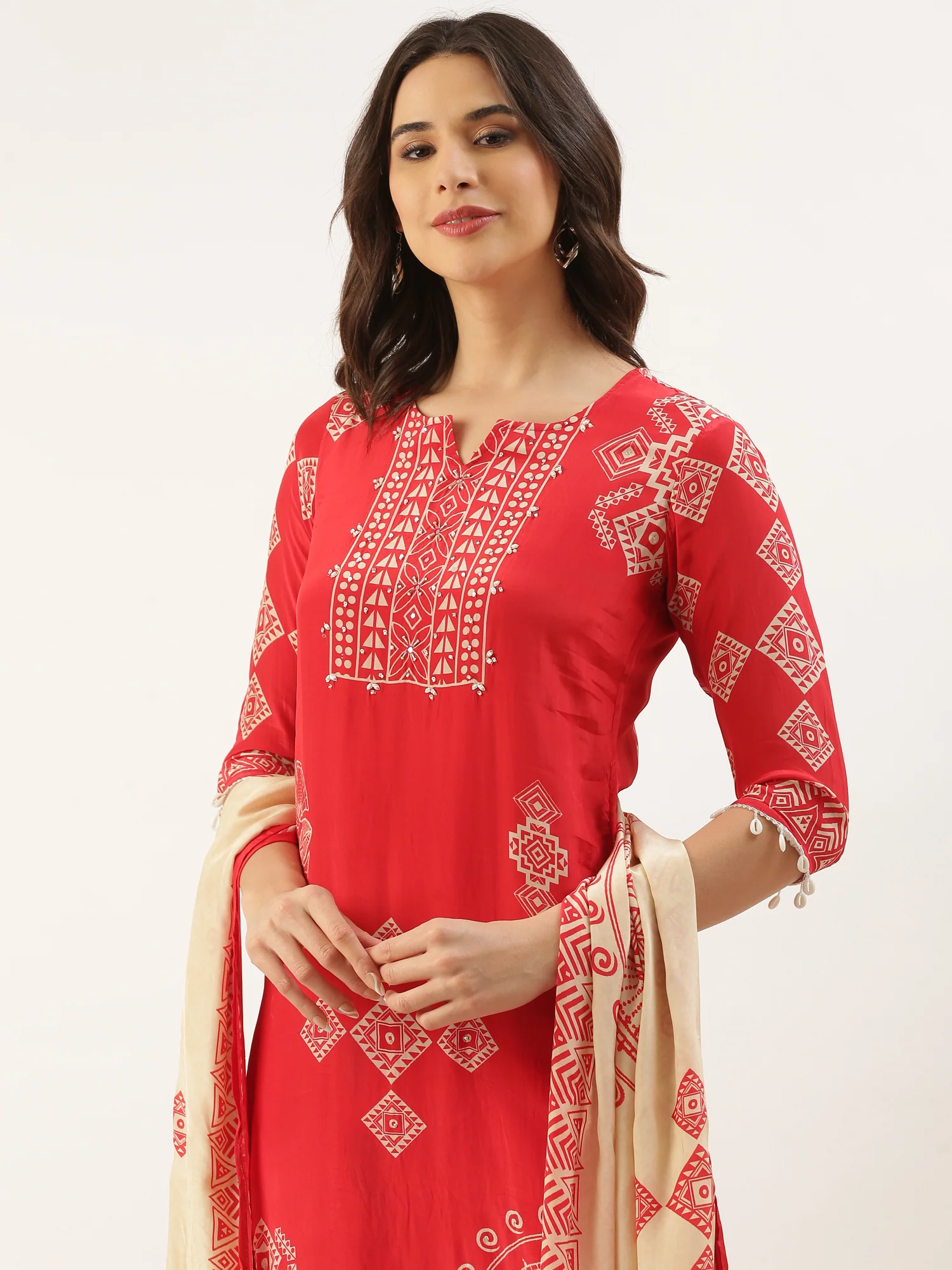 Red Crepe Printed Three Piece Suit Set - Image 6