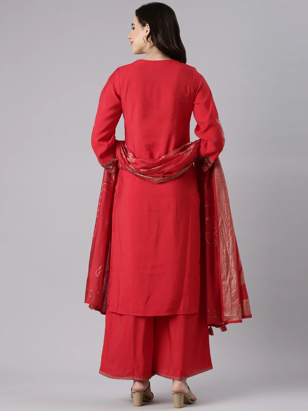 Red Dola Silk Embroidered Three Piece Set - Image 3