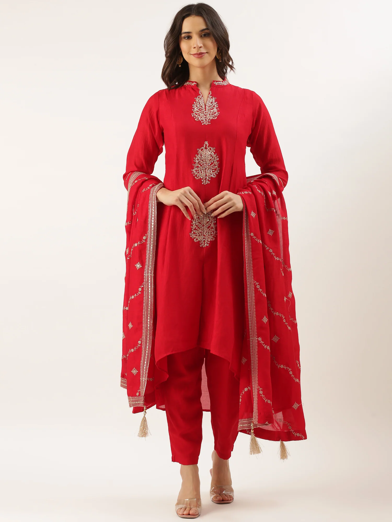 Red Embroidered Vichitra Tail Cut Set - Image 2