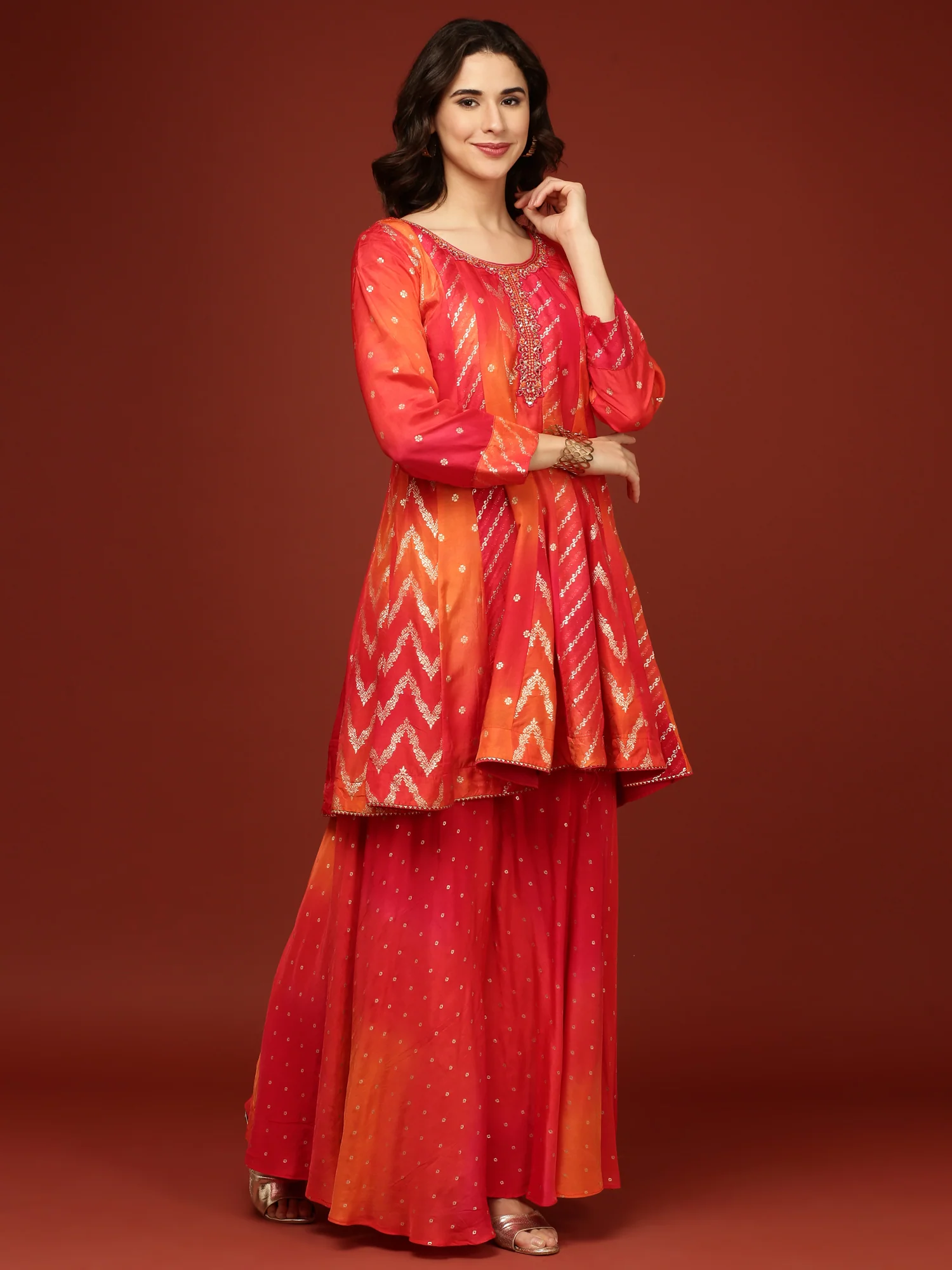 Red Embroidery  Silk Palazzo Three Piece Set - Image 3