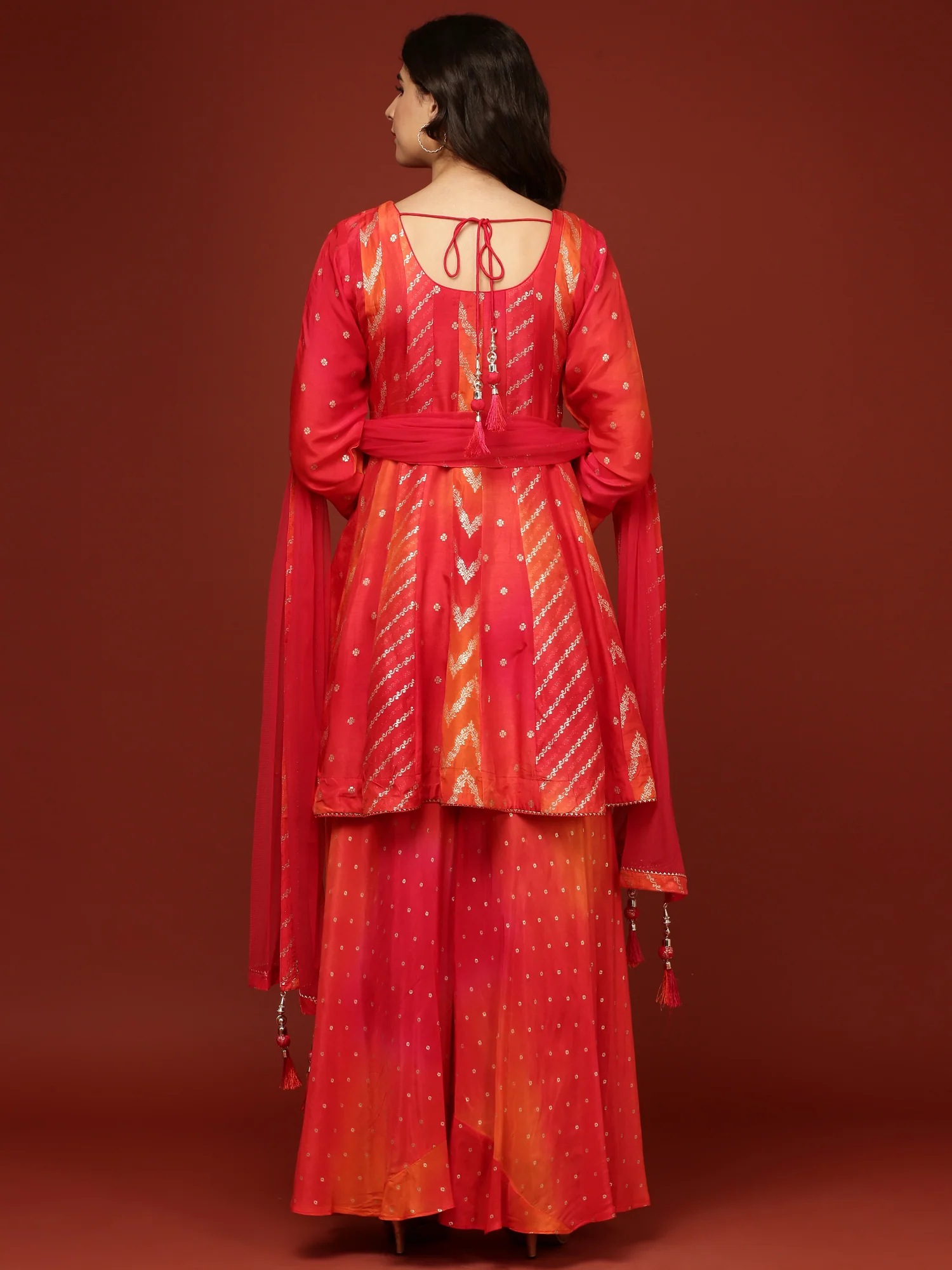 Red Embroidery  Silk Palazzo Three Piece Set - Image 4