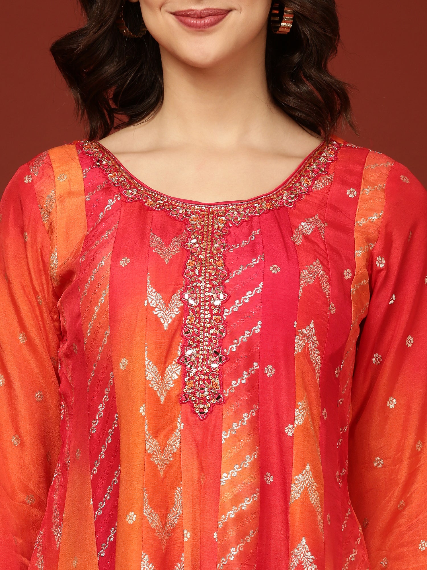 Red Embroidery  Silk Palazzo Three Piece Set - Image 5
