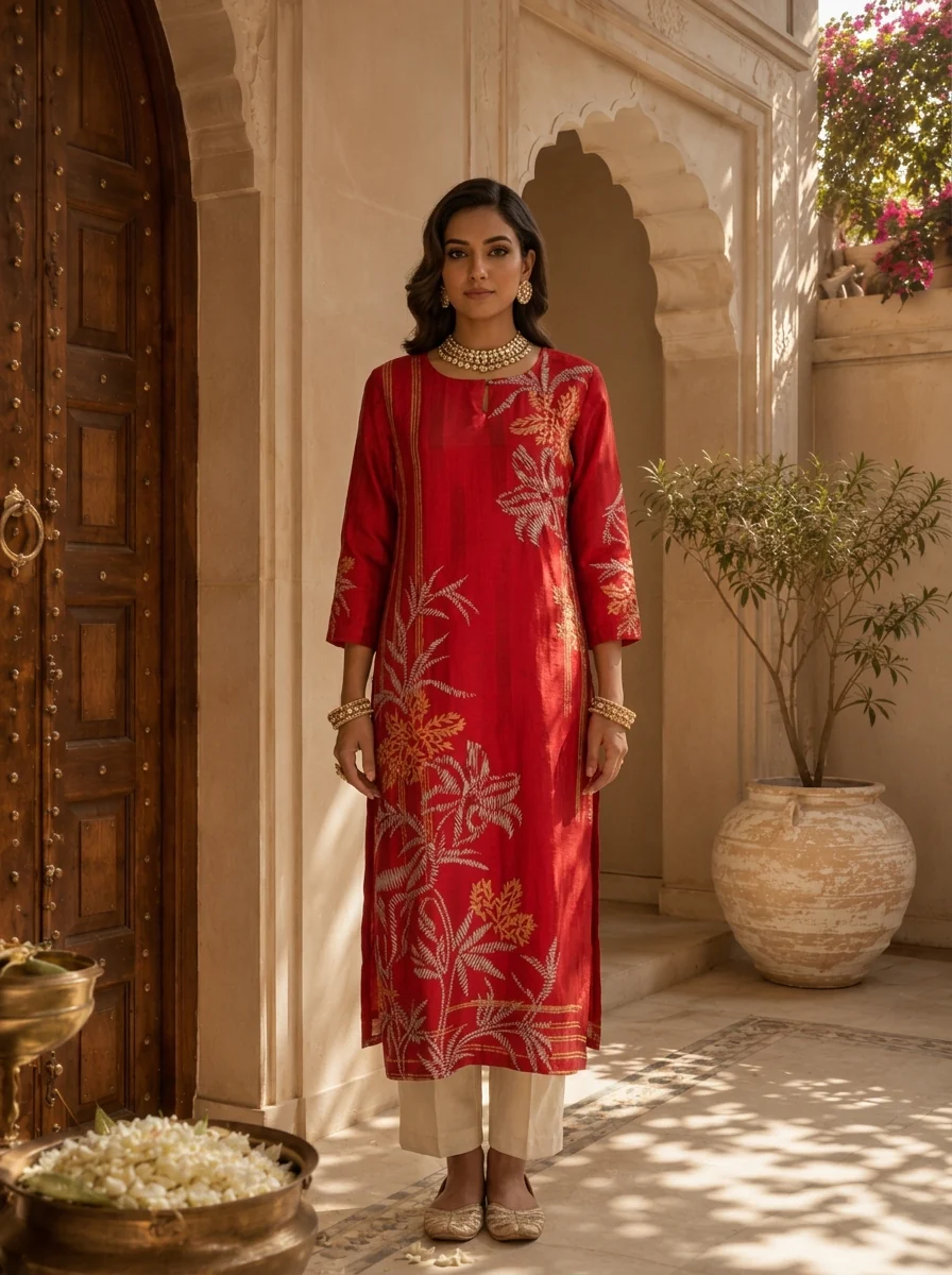 Red Floral and Stripe Design Silk Straight Kurta - Image 2