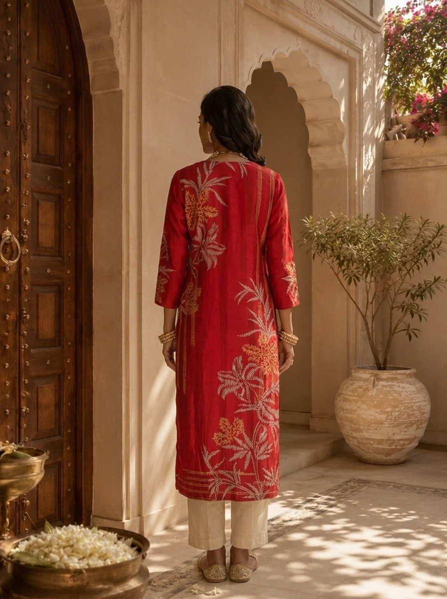 Red Floral and Stripe Design Silk Straight Kurta - Image 3