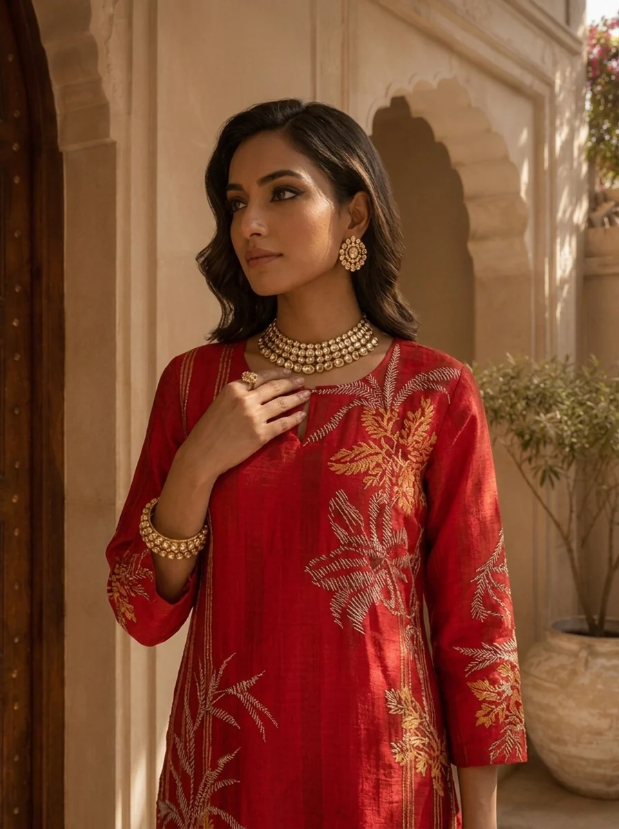 Red Floral and Stripe Design Silk Straight Kurta - Image 4