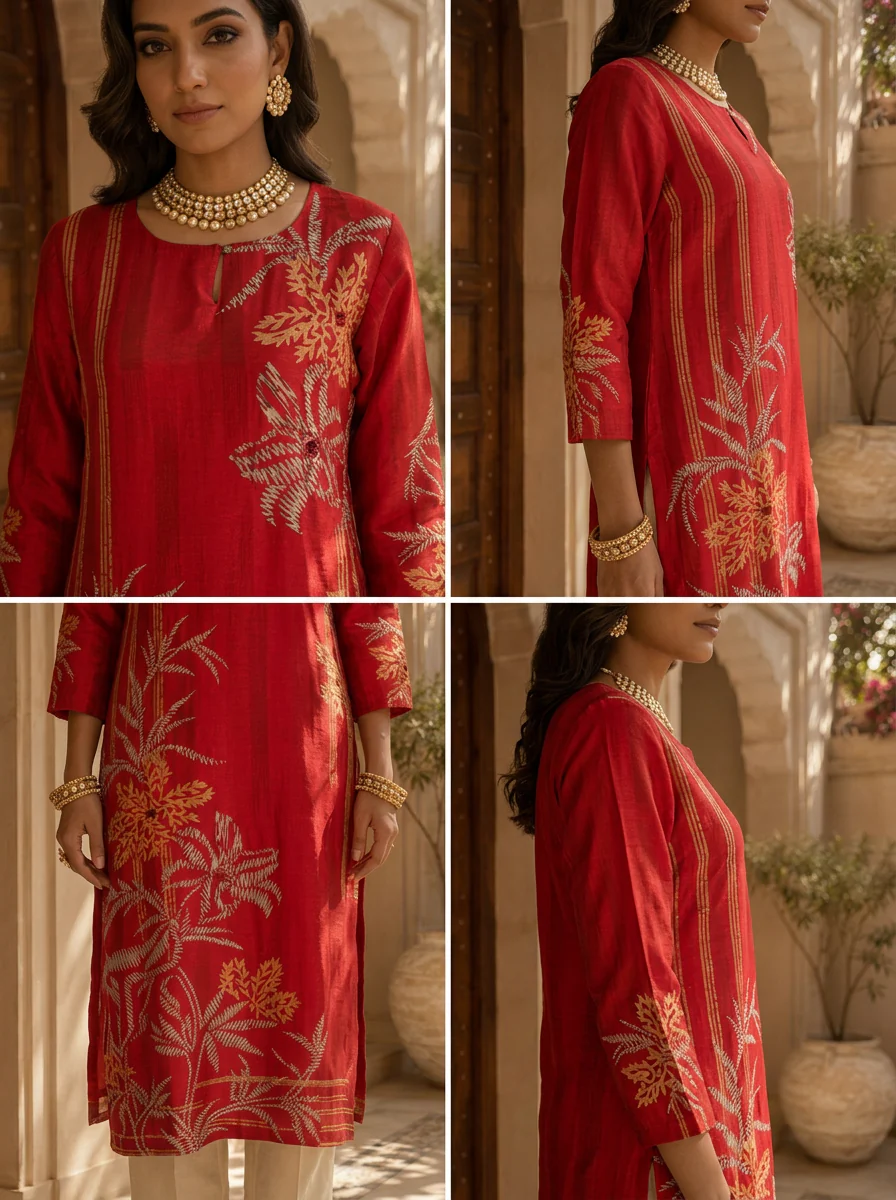 Red Floral and Stripe Design Silk Straight Kurta - Image 5