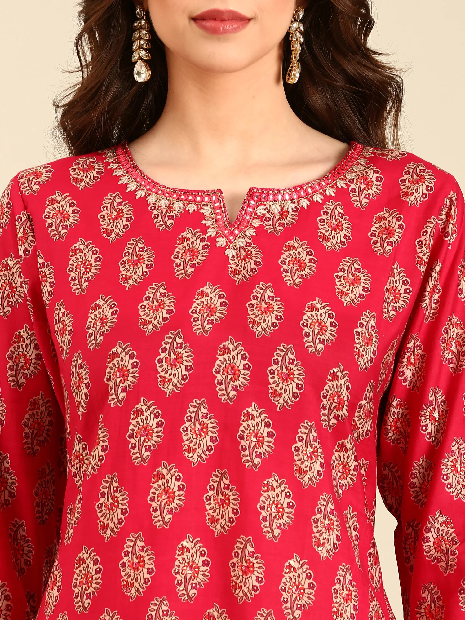 Red floral printed three piece suit set with embroidery - Image 4