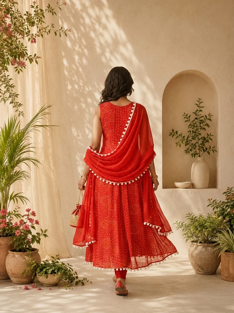 Red Georgette  Bandhani Printed And Mirror Embroidery Three Piece Set - Image 3