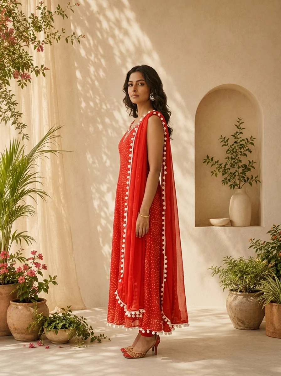 Red Georgette  Bandhani Printed And Mirror Embroidery Three Piece Set - Image 4