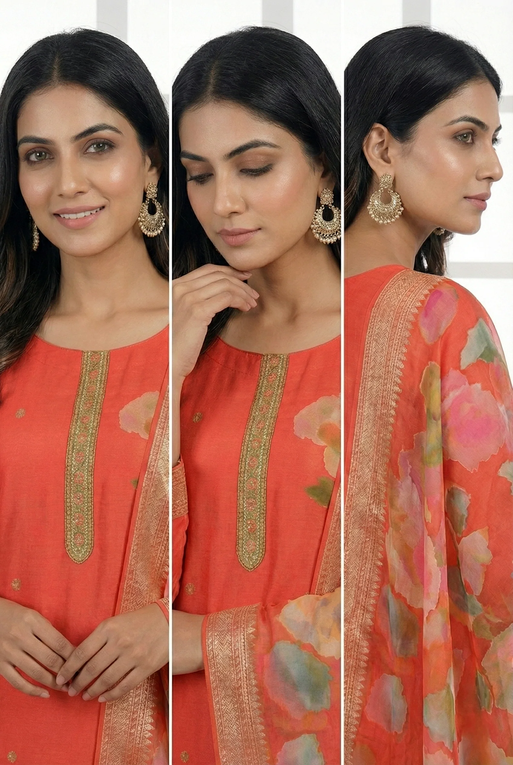 Red Georgette Floral Printed Three Piece Set - Image 3