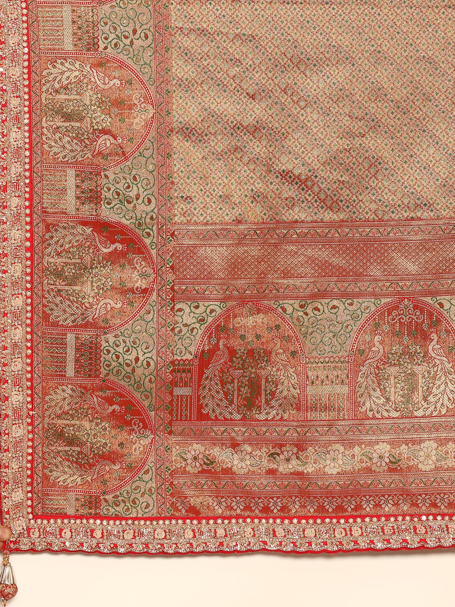 Red & gold banarasi silk saree with zardozi & sequins hand work with Ready made blouse - Image 5