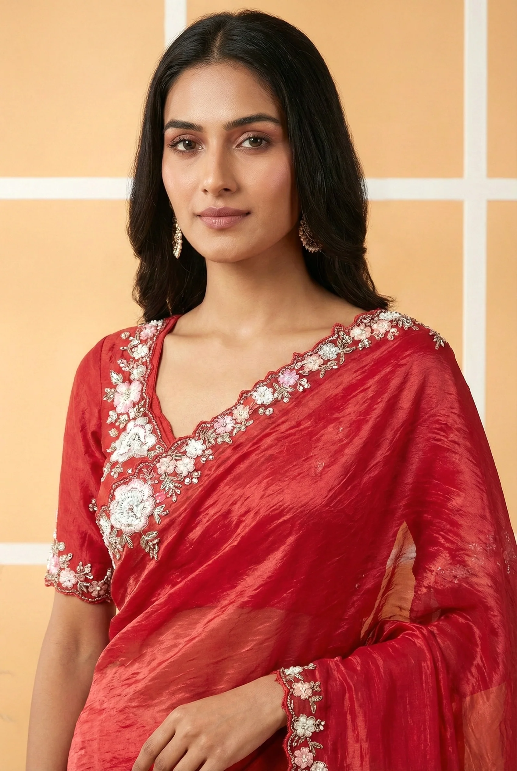 Red Heavy Sequins Embroidered Organza Saree - Image 2