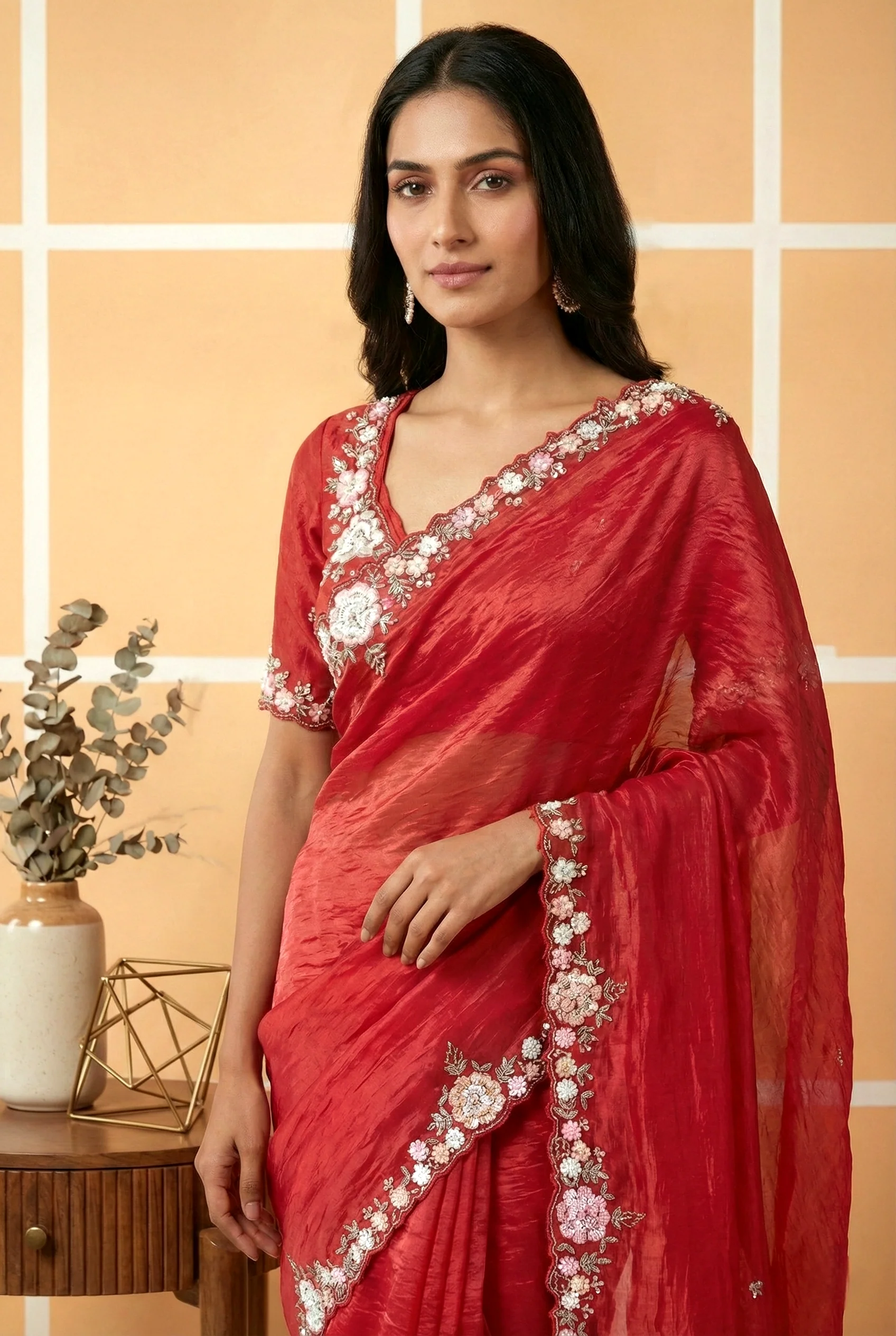 Red Heavy Sequins Embroidered Organza Saree - Image 3