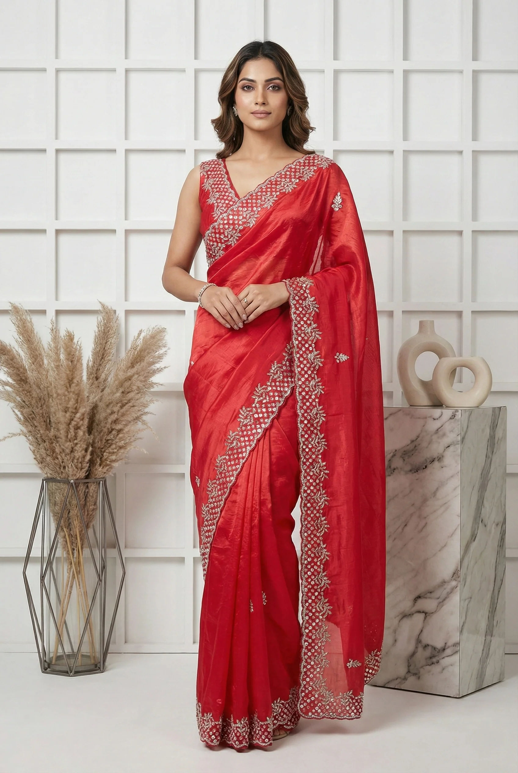 Red Jimmy Choo Floral Sequins Embroidered Saree
