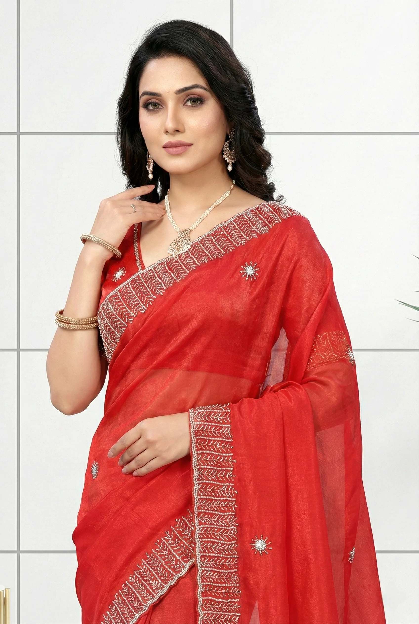 Red Jimmy Choo Stone Embroidery Saree - Image 2