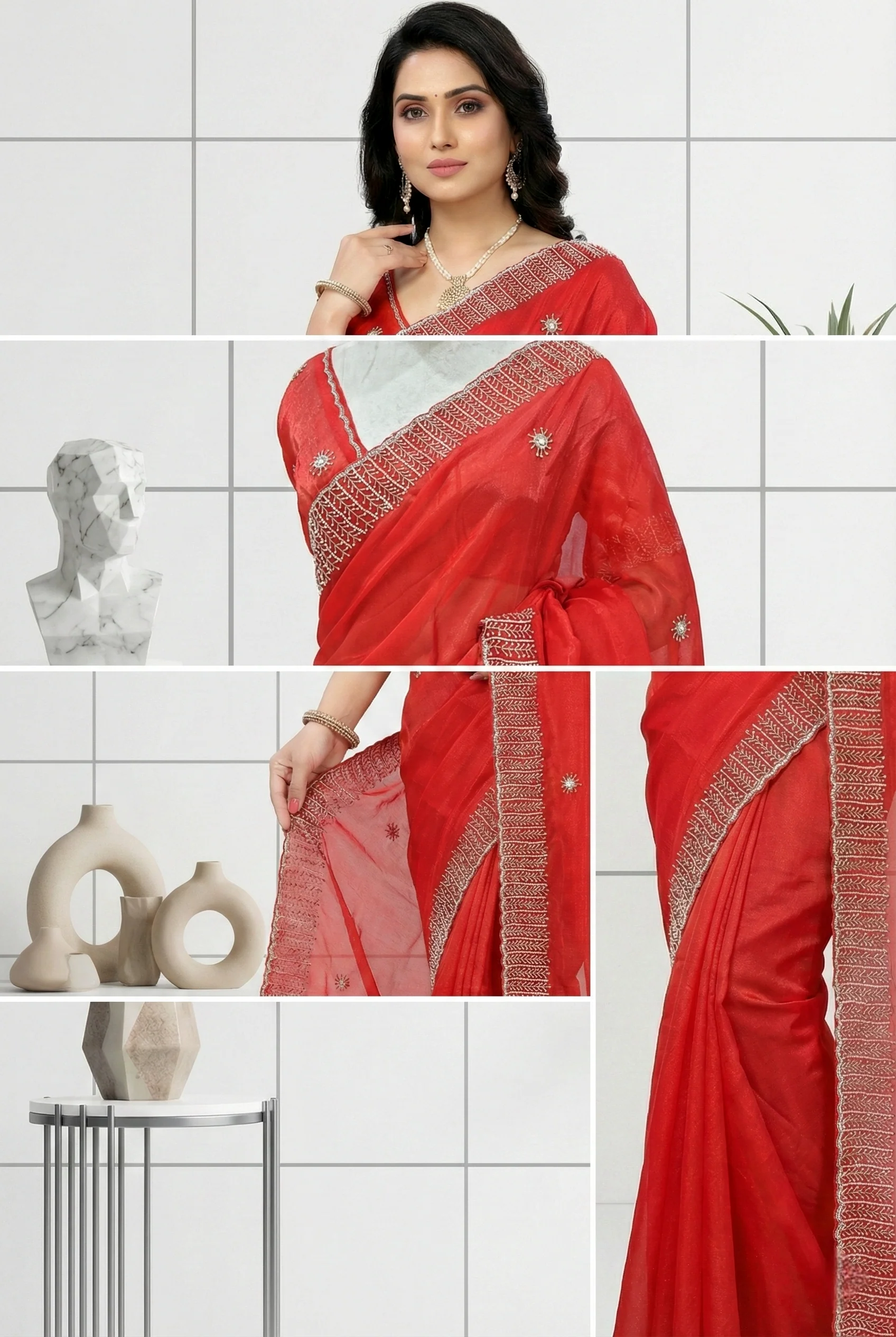 Red Jimmy Choo Stone Embroidery Saree - Image 3