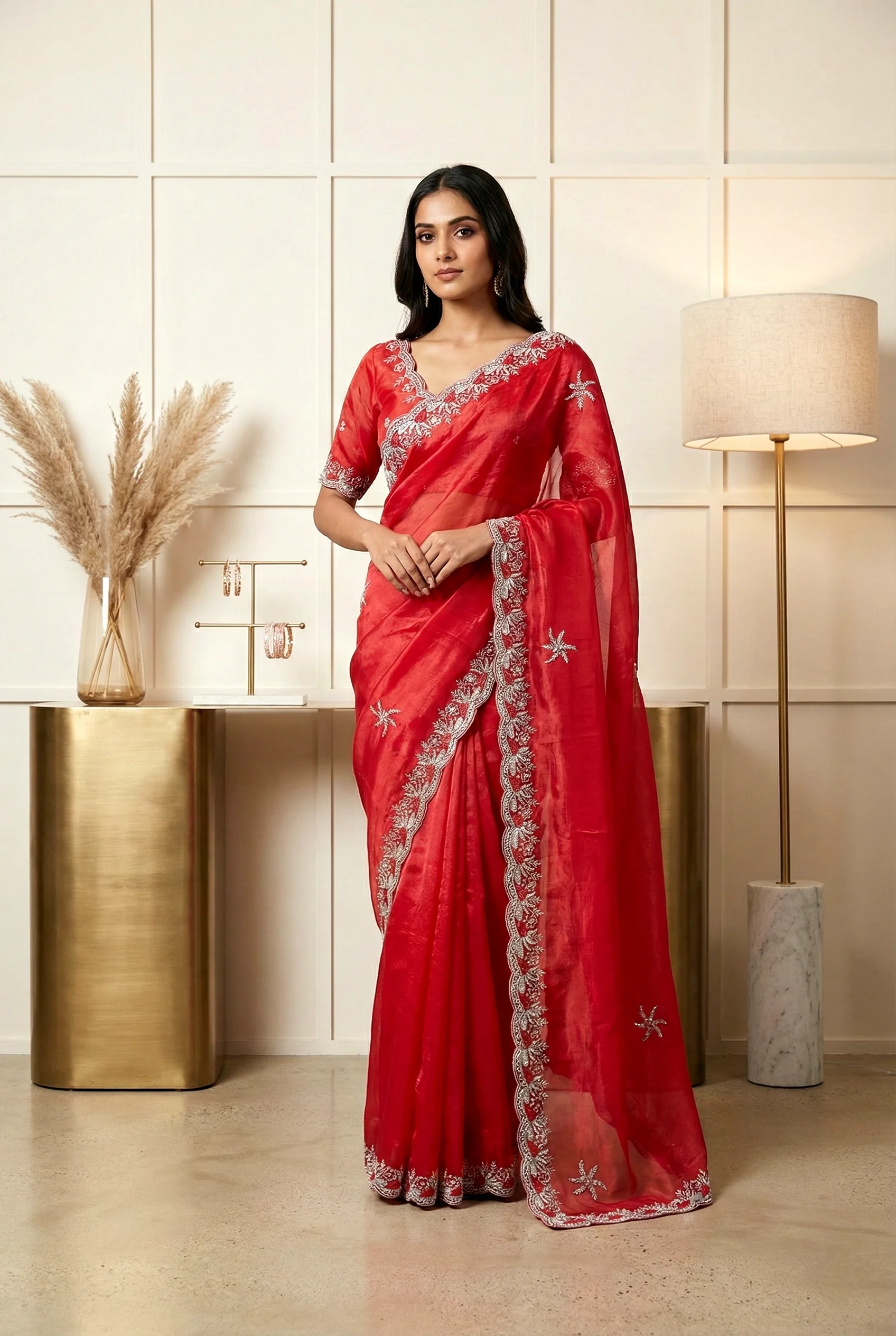 Red Jimmy Choo Zari And Floral Embroidery Saree - Image 2