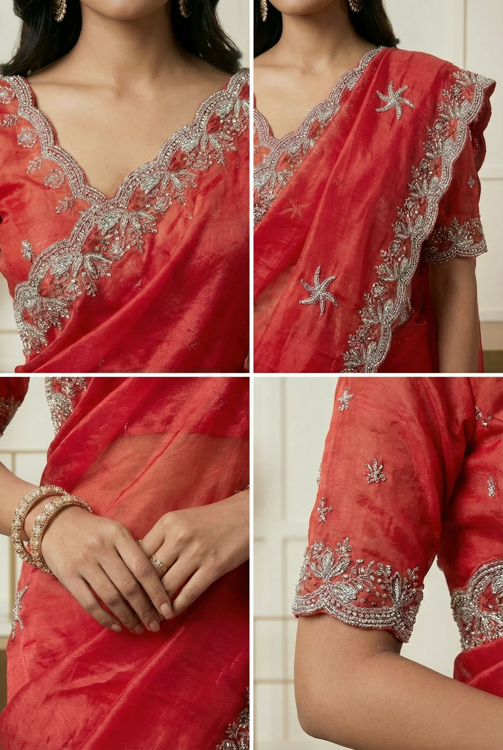 Red Jimmy Choo Zari And Floral Embroidery Saree - Image 3
