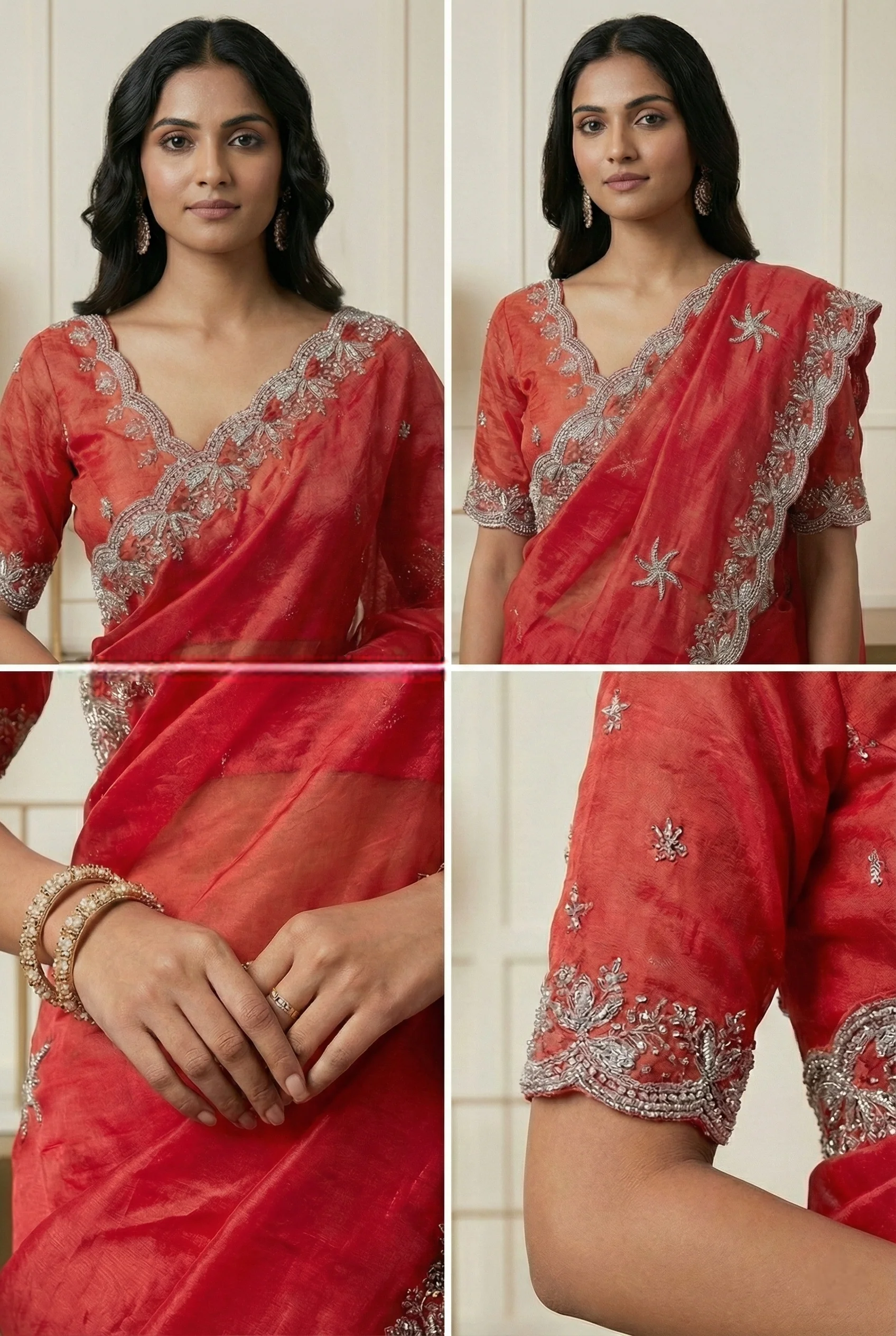Red Jimmy Choo Zari And Floral Embroidery Saree - Image 4