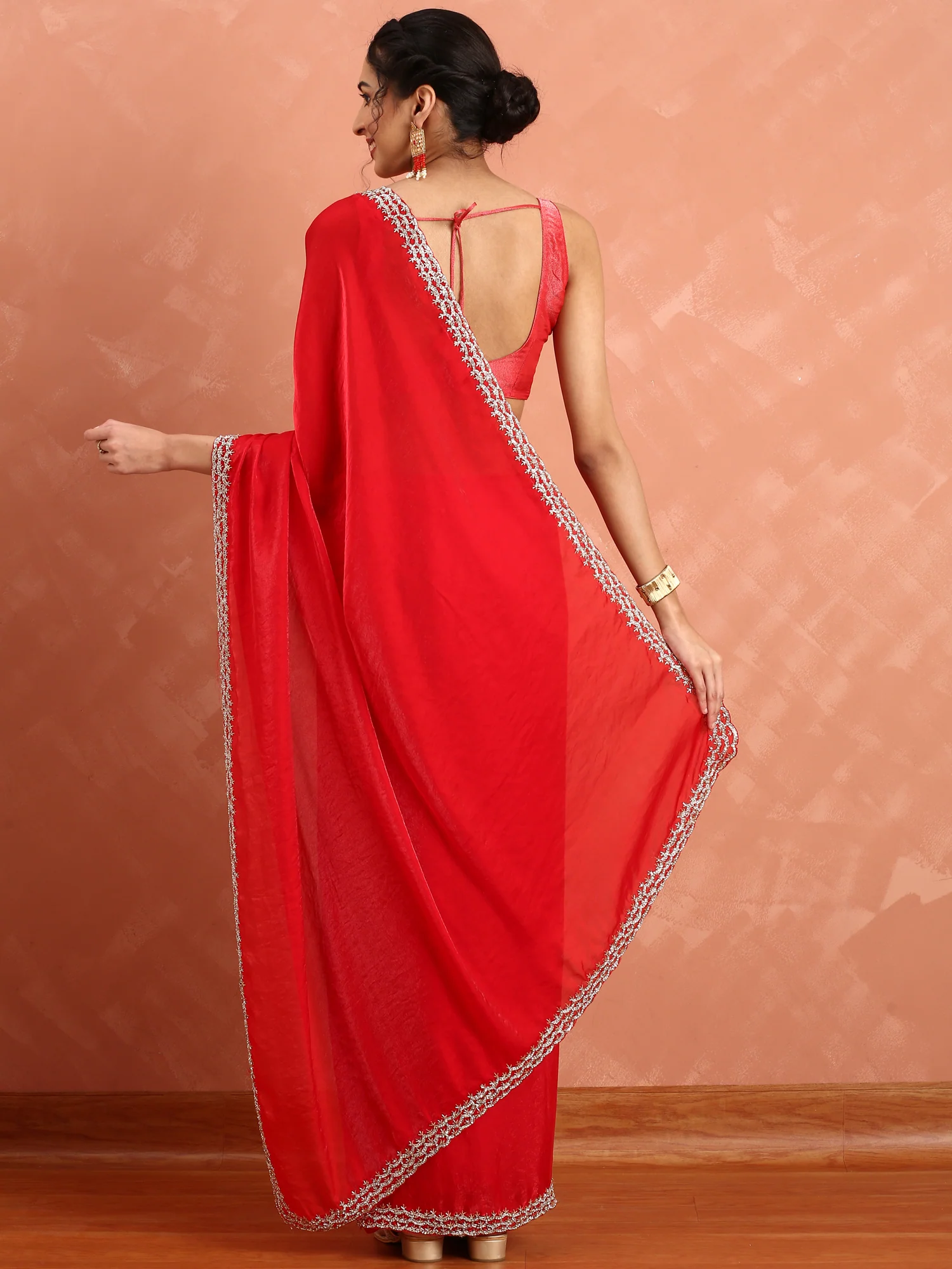 Red Jimmy saree with pearls & cut Dana embroidery - Image 2