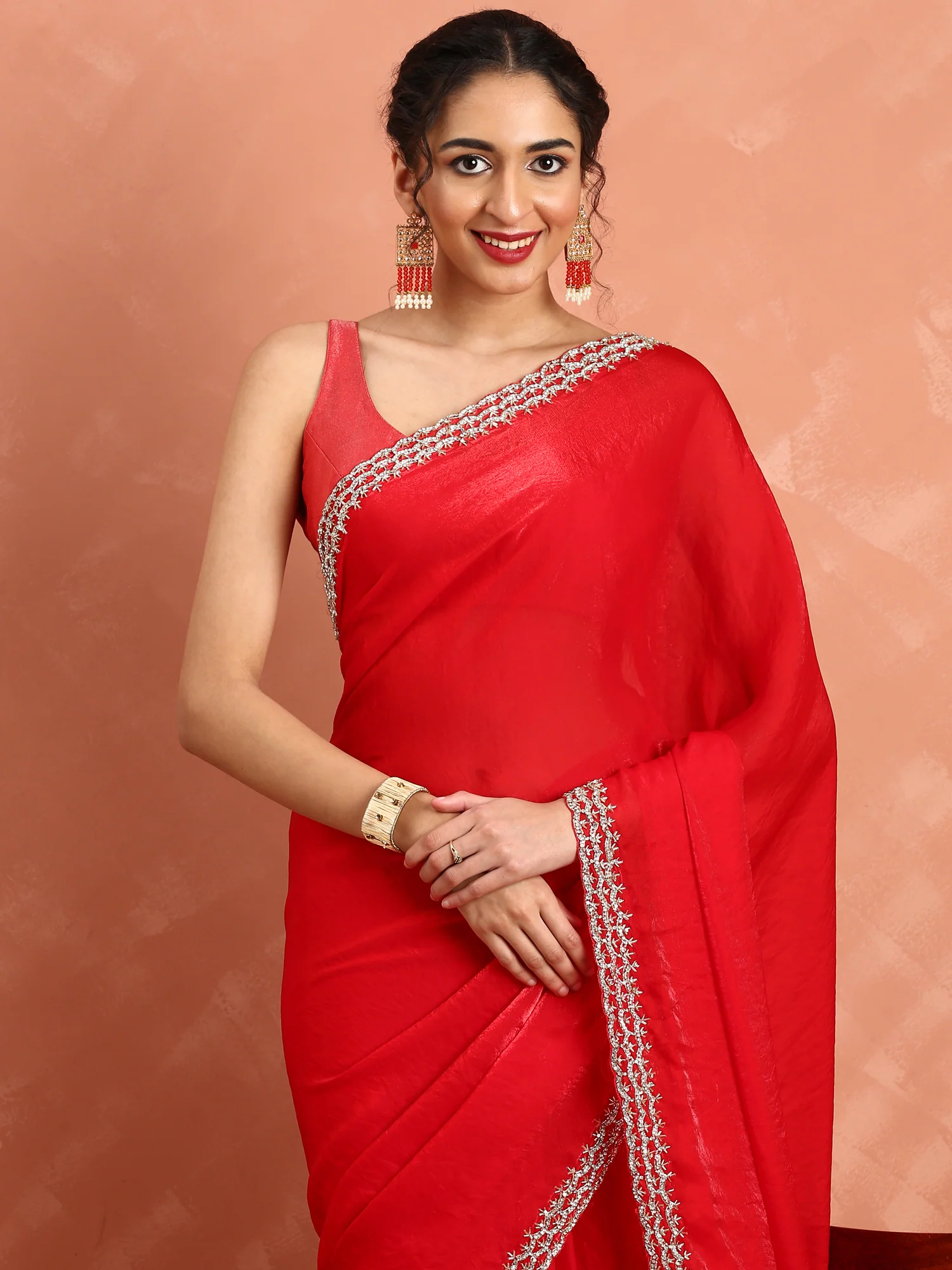 Red Jimmy saree with pearls & cut Dana embroidery - Image 3