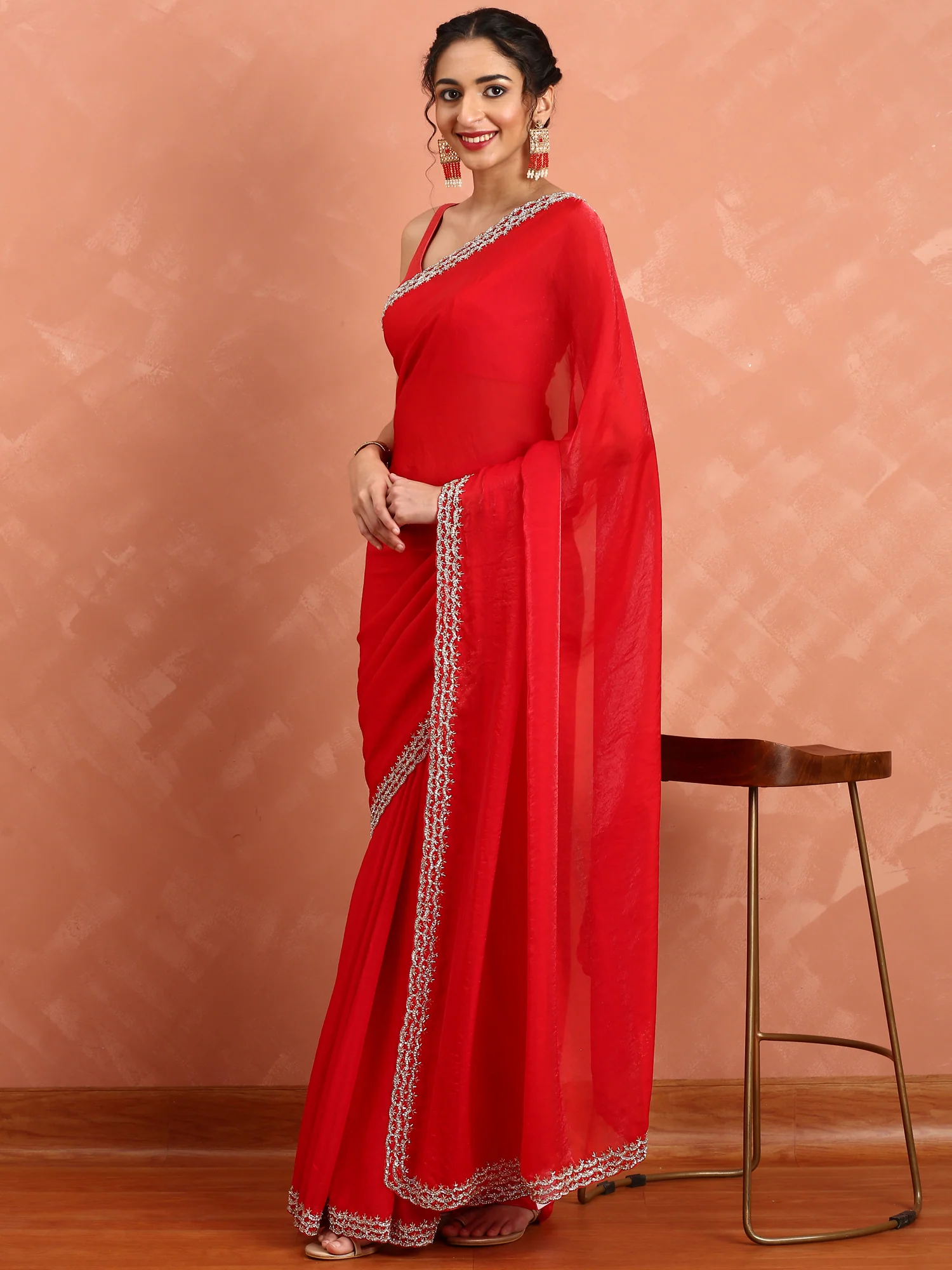 Red Jimmy saree with pearls & cut Dana embroidery - Image 4