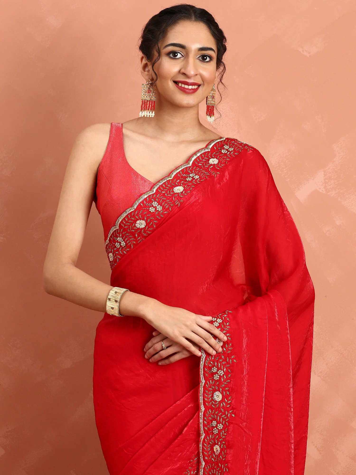 Red jimmy saree with stones and Swarovski hand embroidery - Image 3