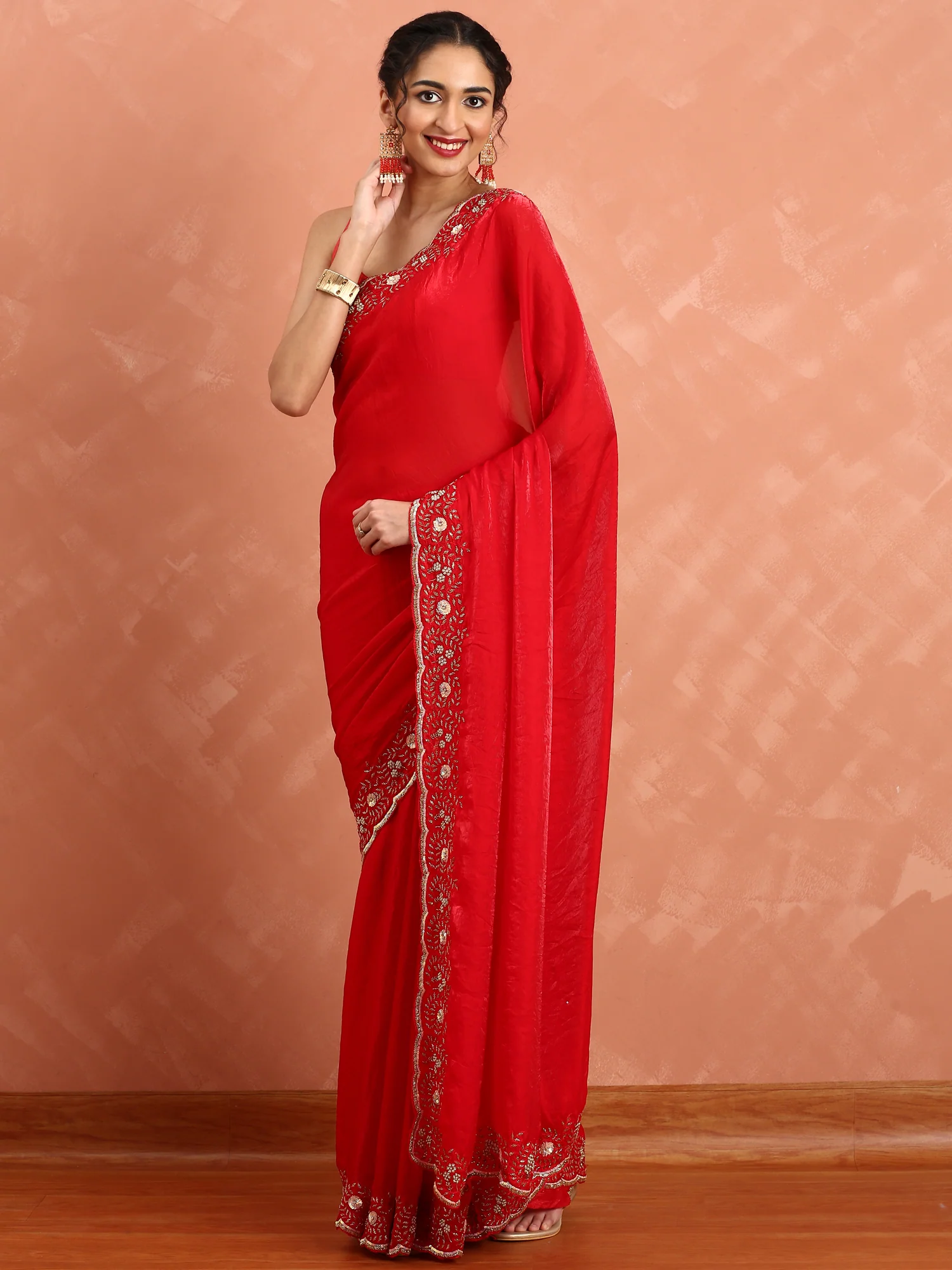 Red jimmy saree with stones and Swarovski hand embroidery - Image 4