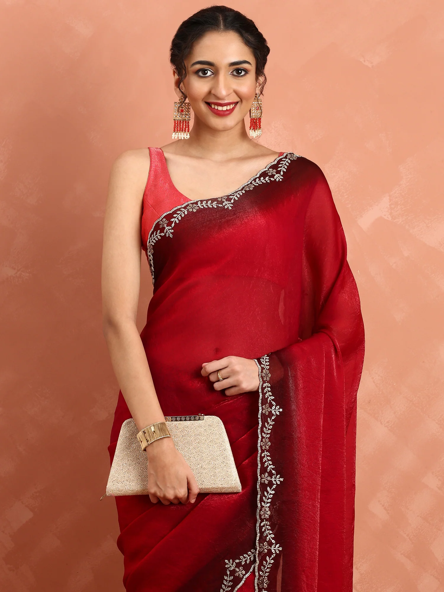Red Jimmy Tissue Saree With Hand Embroidery - Image 2