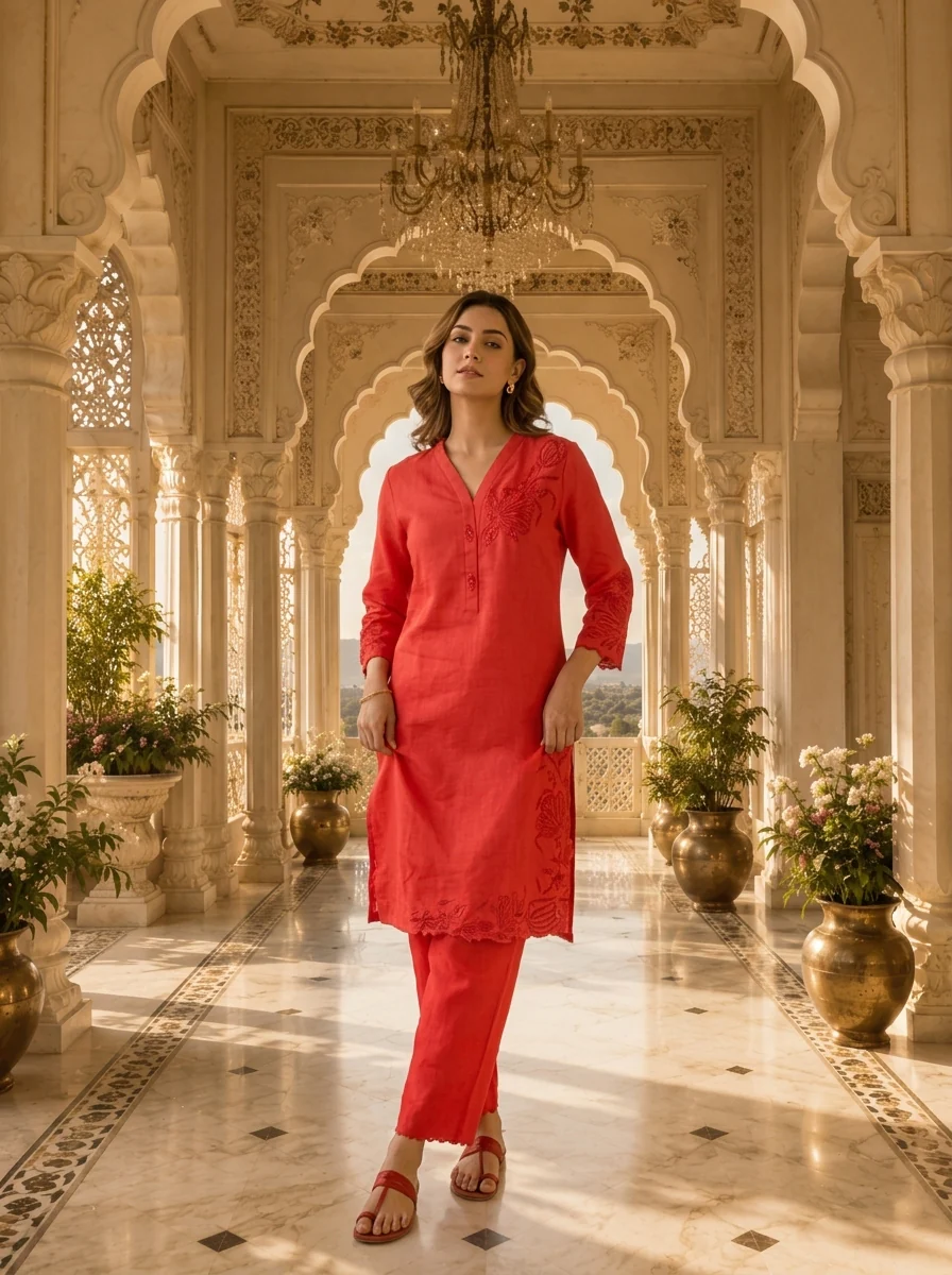 Red Linen Floral Embroidery Two Piece Set - Image 2