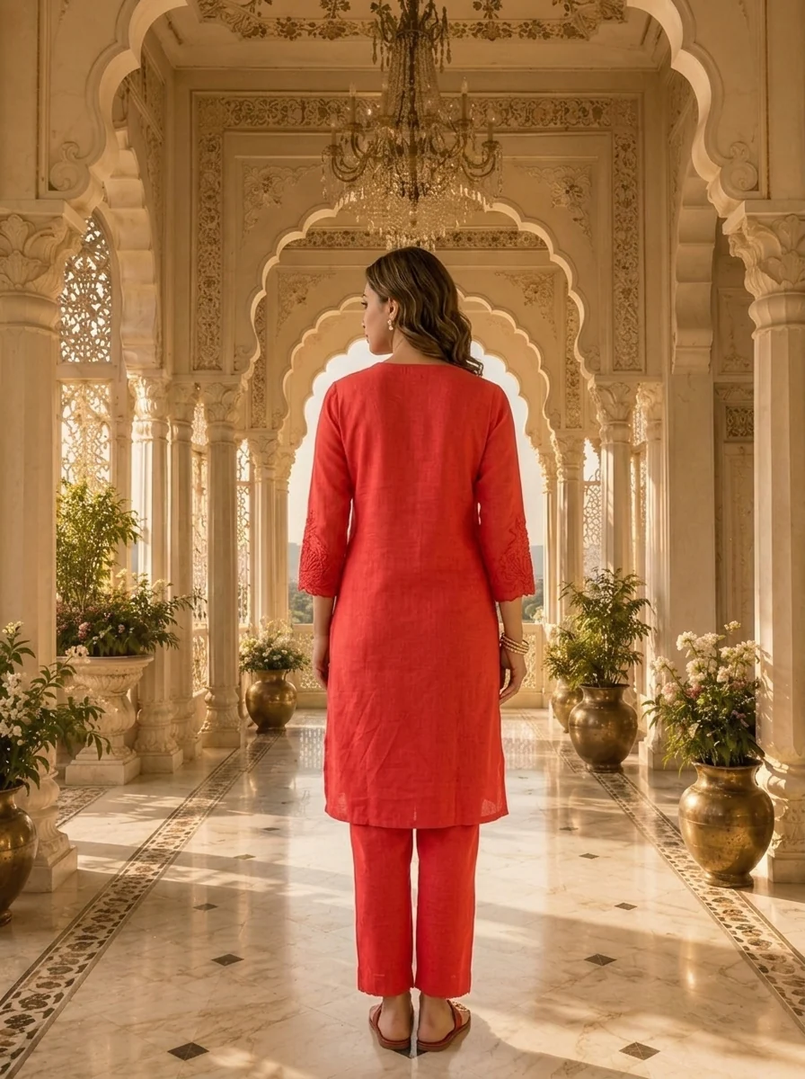 Red Linen Floral Embroidery Two Piece Set - Image 3