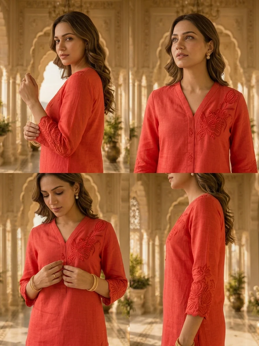 Red Linen Floral Embroidery Two Piece Set - Image 5