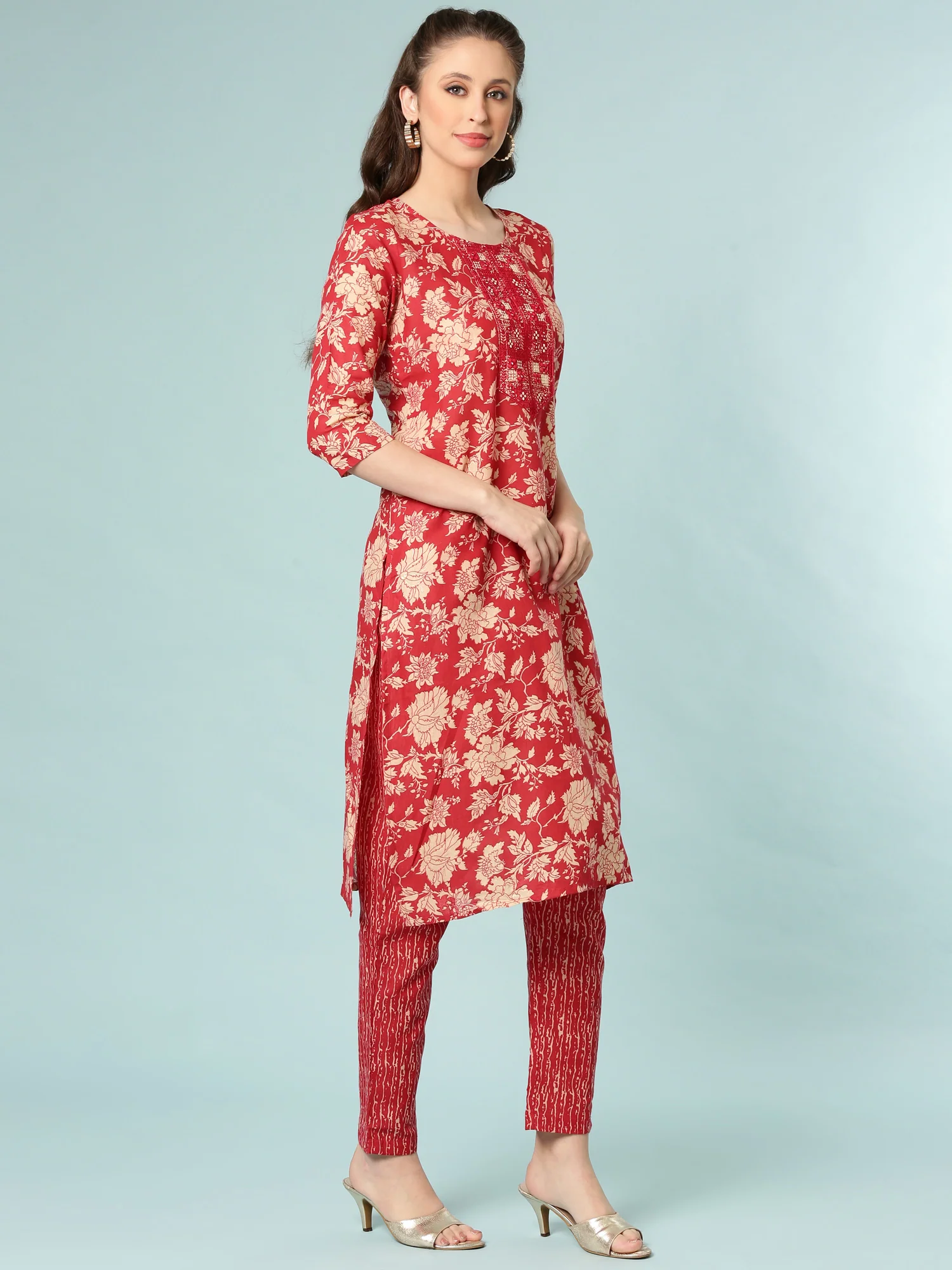 Red Modal Silk Floral Digital Print Three Piece Set - Image 2