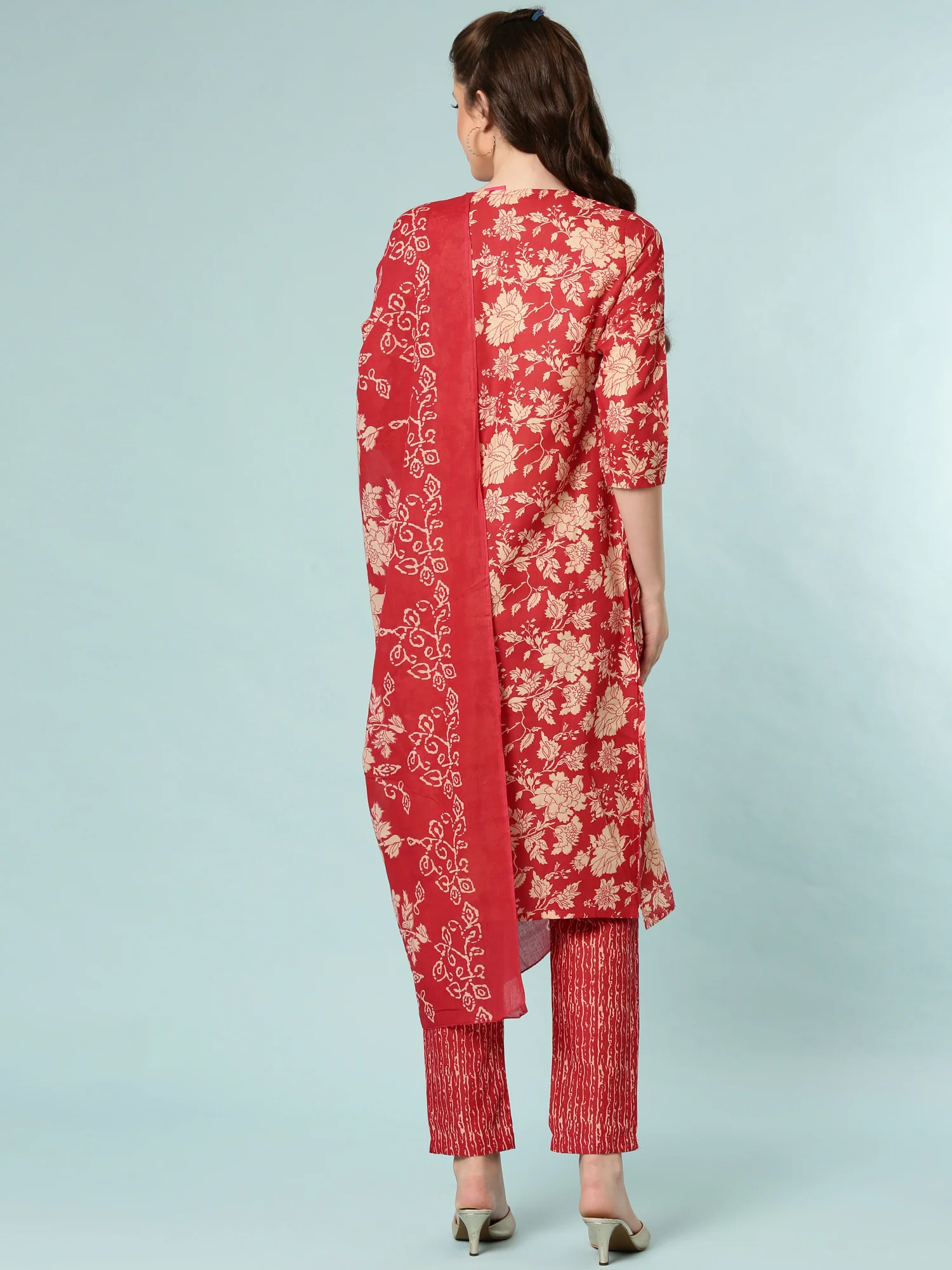 Red Modal Silk Floral Digital Print Three Piece Set - Image 3