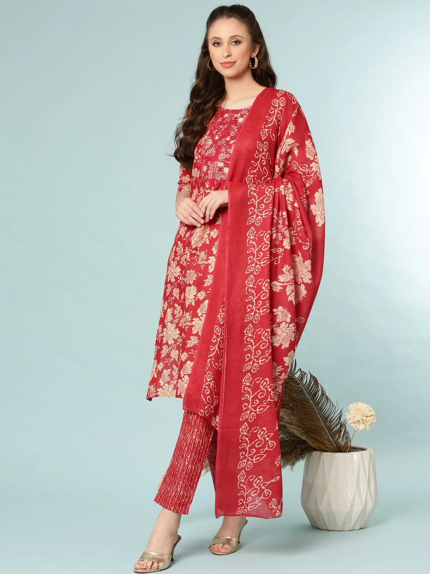 Red Modal Silk Floral Digital Print Three Piece Set - Image 5